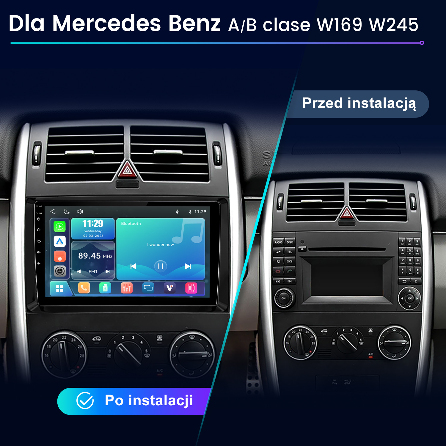 Wnętrze Mercedesa klasy A/B przed i po instalacji nowego systemu multimedialnego.