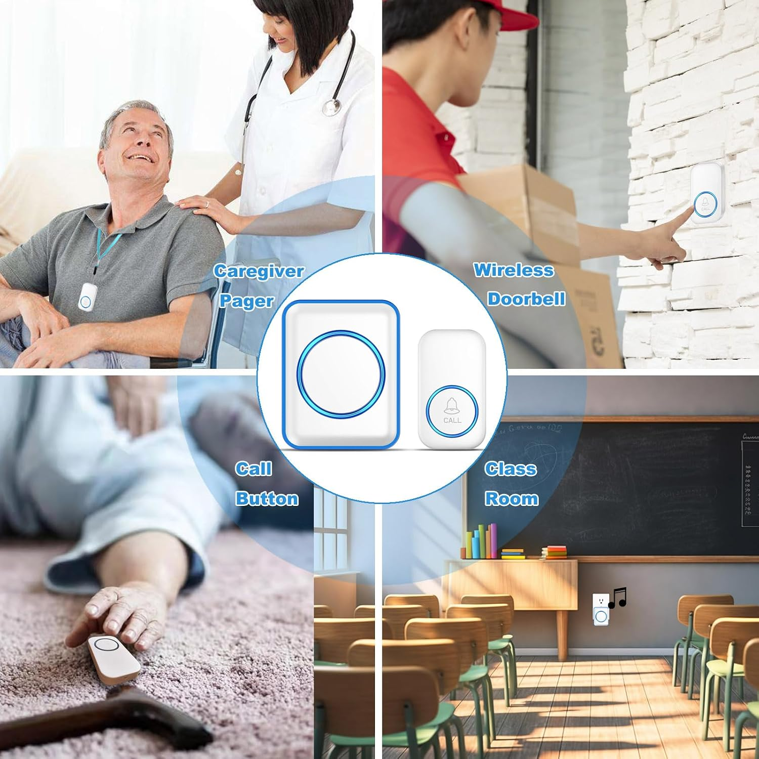 Vier Bilder zeigen die verschiedenen Einsatzbereiche eines Funkrufknopfes: Pflege, Türklingel, Notruf und Schule.