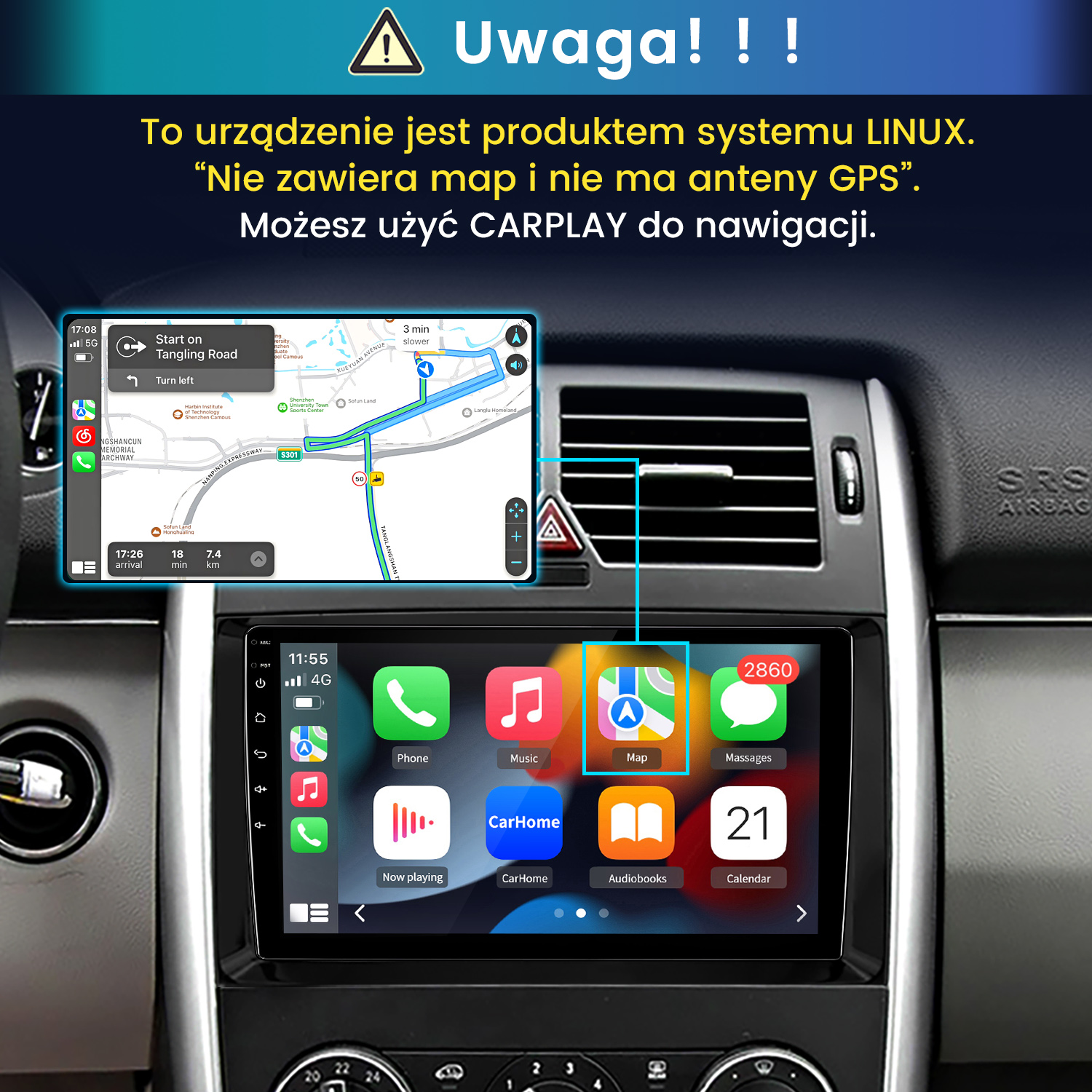Deska rozdzielcza samochodu z cyfrowym ekranem systemowym, ikonami aplikacji i mapą nawigacji GPS.