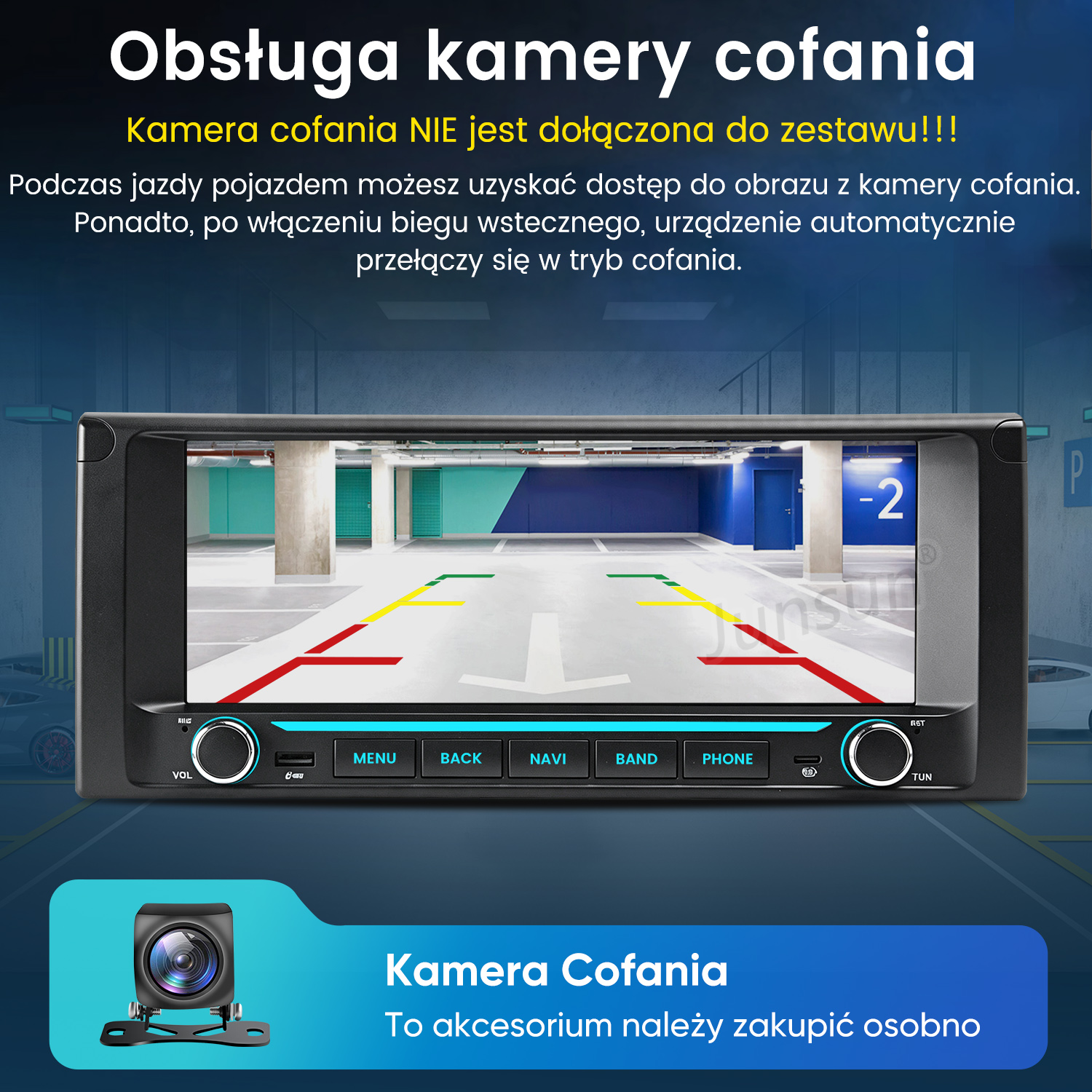 Radio samochodowe wyświetlające obraz z parkingu z liniami pomocniczymi kamery cofania oraz polskim tekstem.