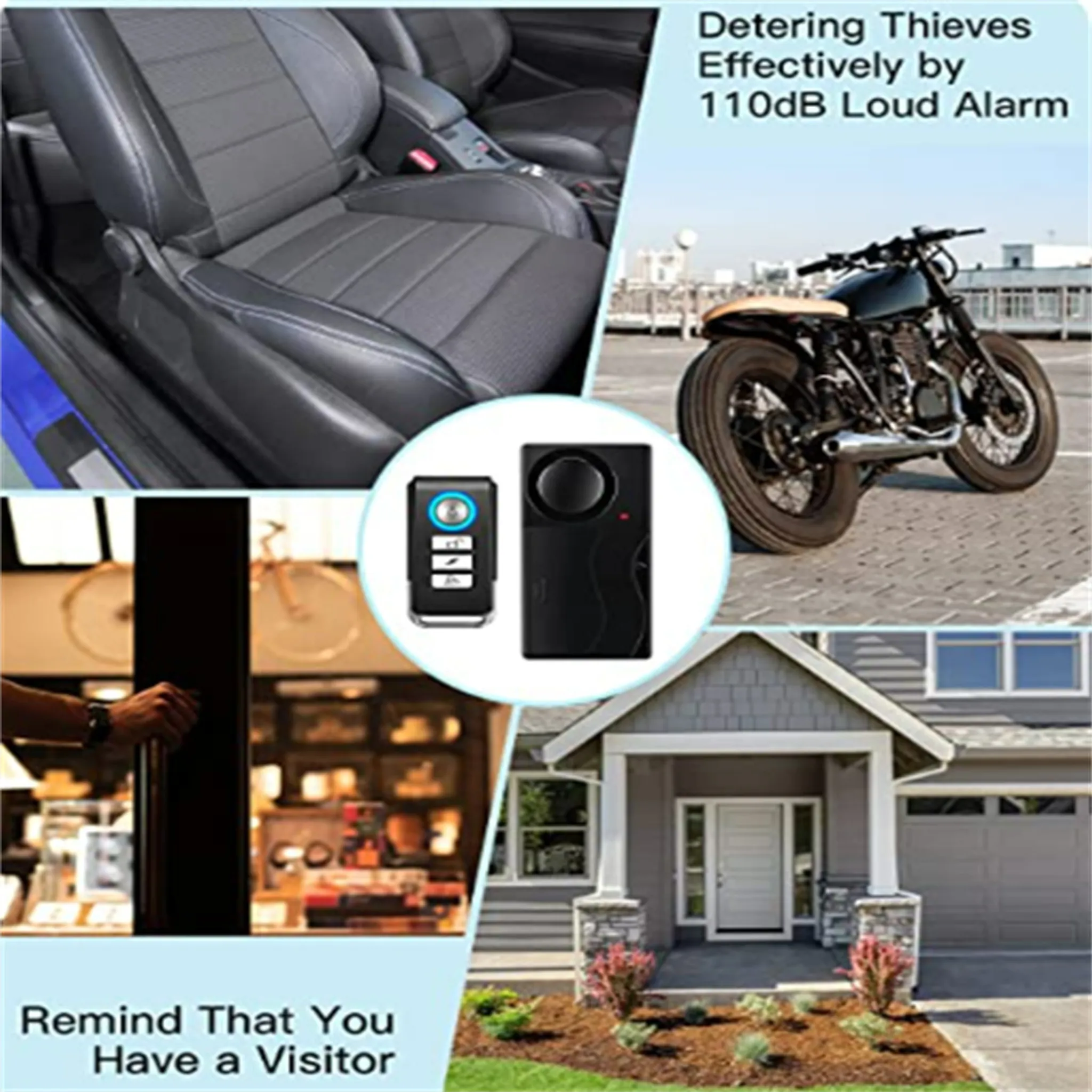 Verschiedene Anwendungsbereiche des Alarmsystems wie Auto, Motorrad, Tür und Haus.