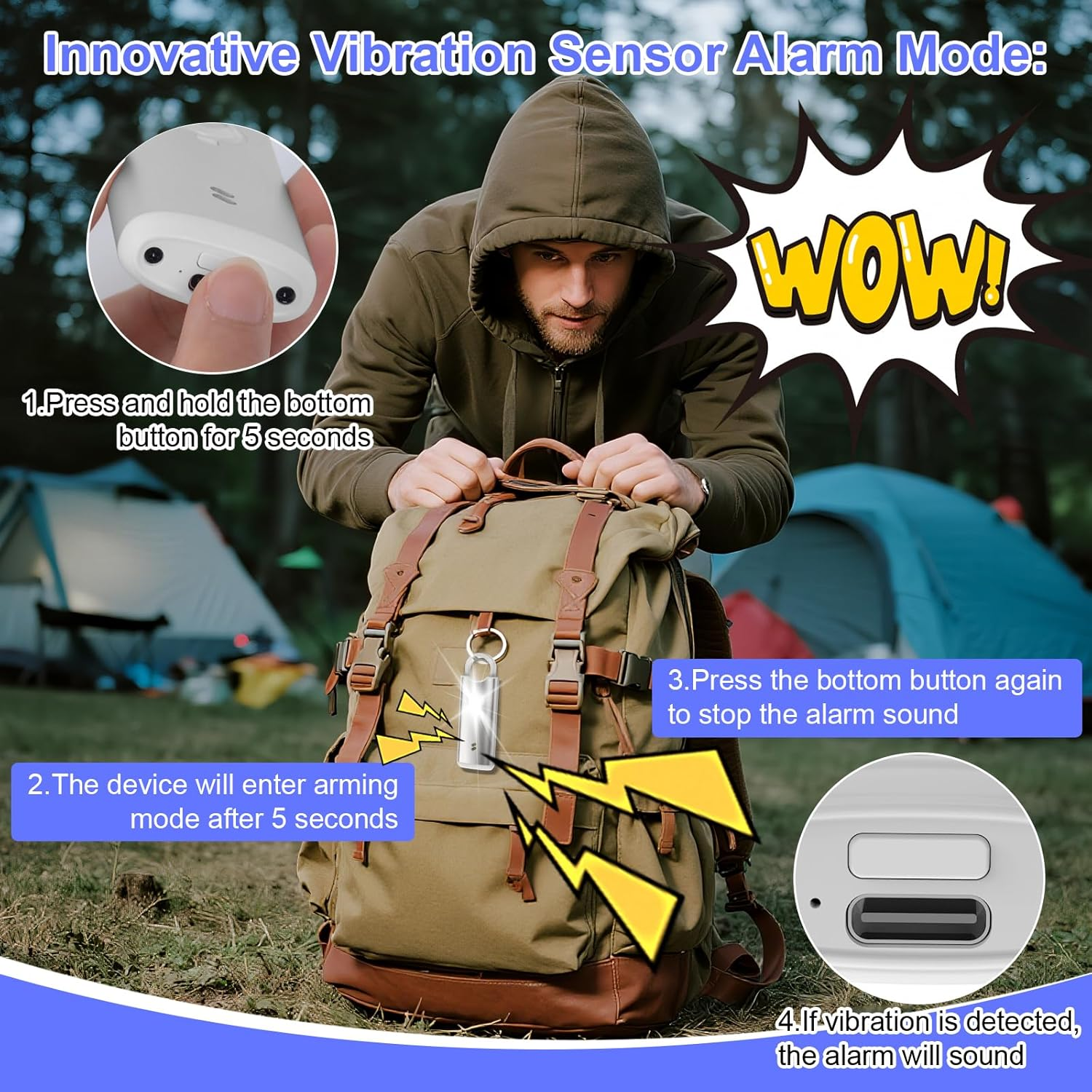 Ein Mann im Kapuzenpullover stellt einen Vibrationsalarm an einem Rucksack ein, mit Zelten im Hintergrund.