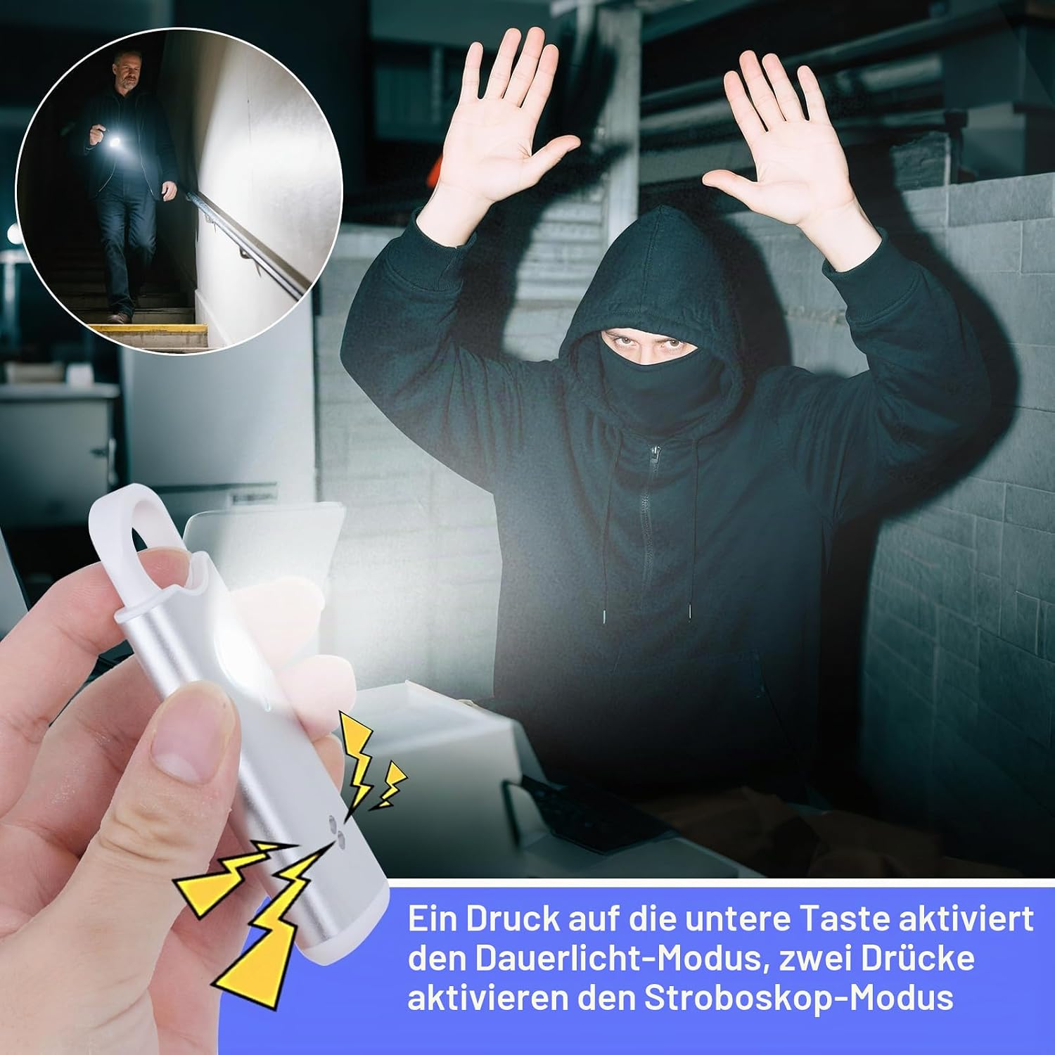 Eine Hand hält eine Taschenlampe, ein Kapuzeneinbrecher ergibt sich im Hintergrund und ein Mann geht Treppen hinunter.