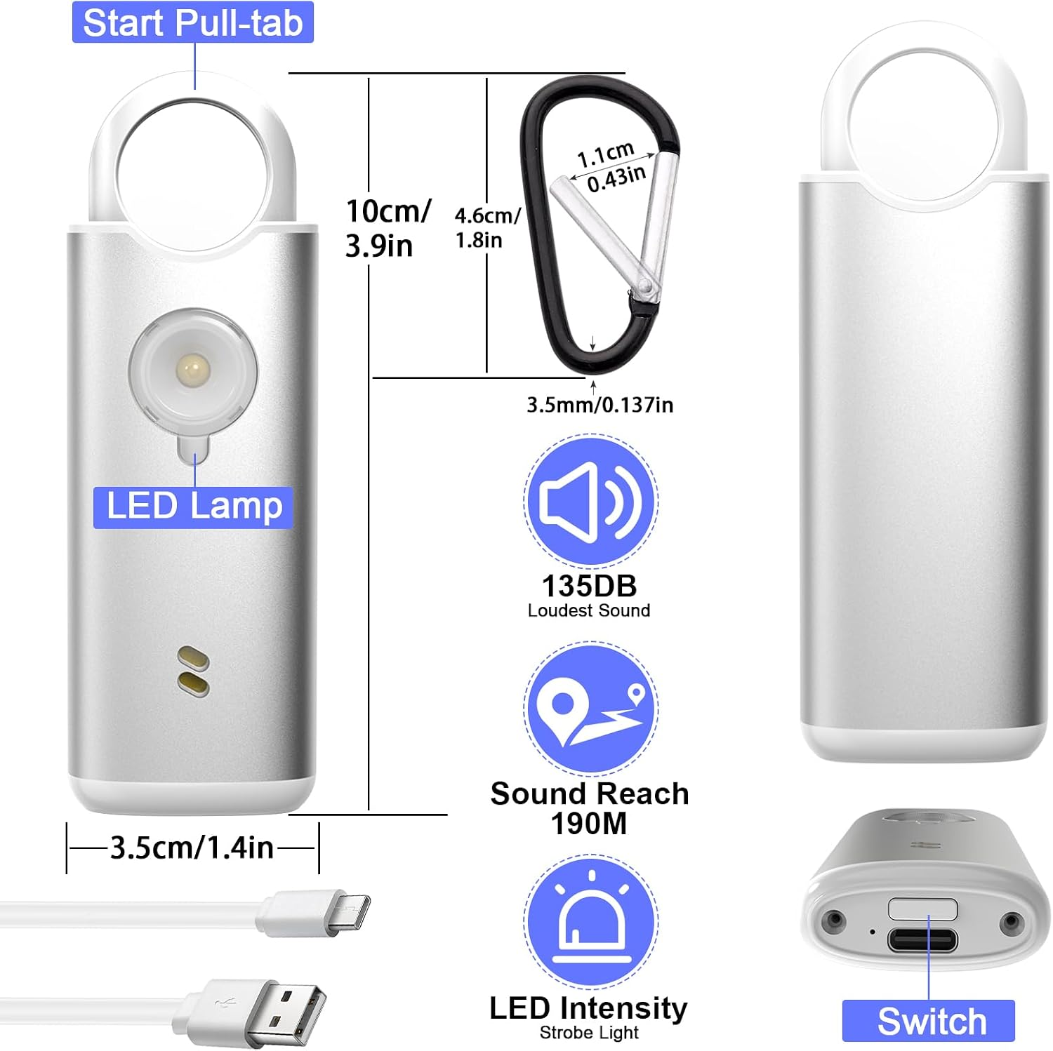 Diagramm zeigt silbernen Notfallalarm mit LED-Lampe, Maßen, Karabiner und USB-Kabel.