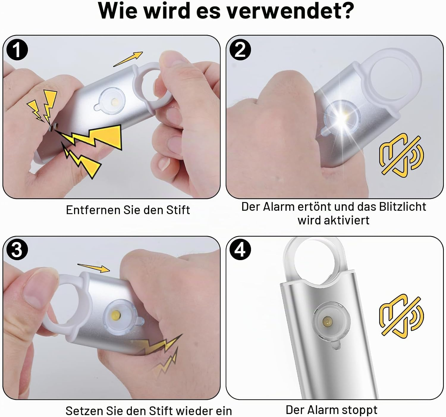 Vier Schritte zur Bedienung des persönlichen Alarms: Pin ziehen, Alarm aktivieren, Pin einstecken, Alarm stoppen.