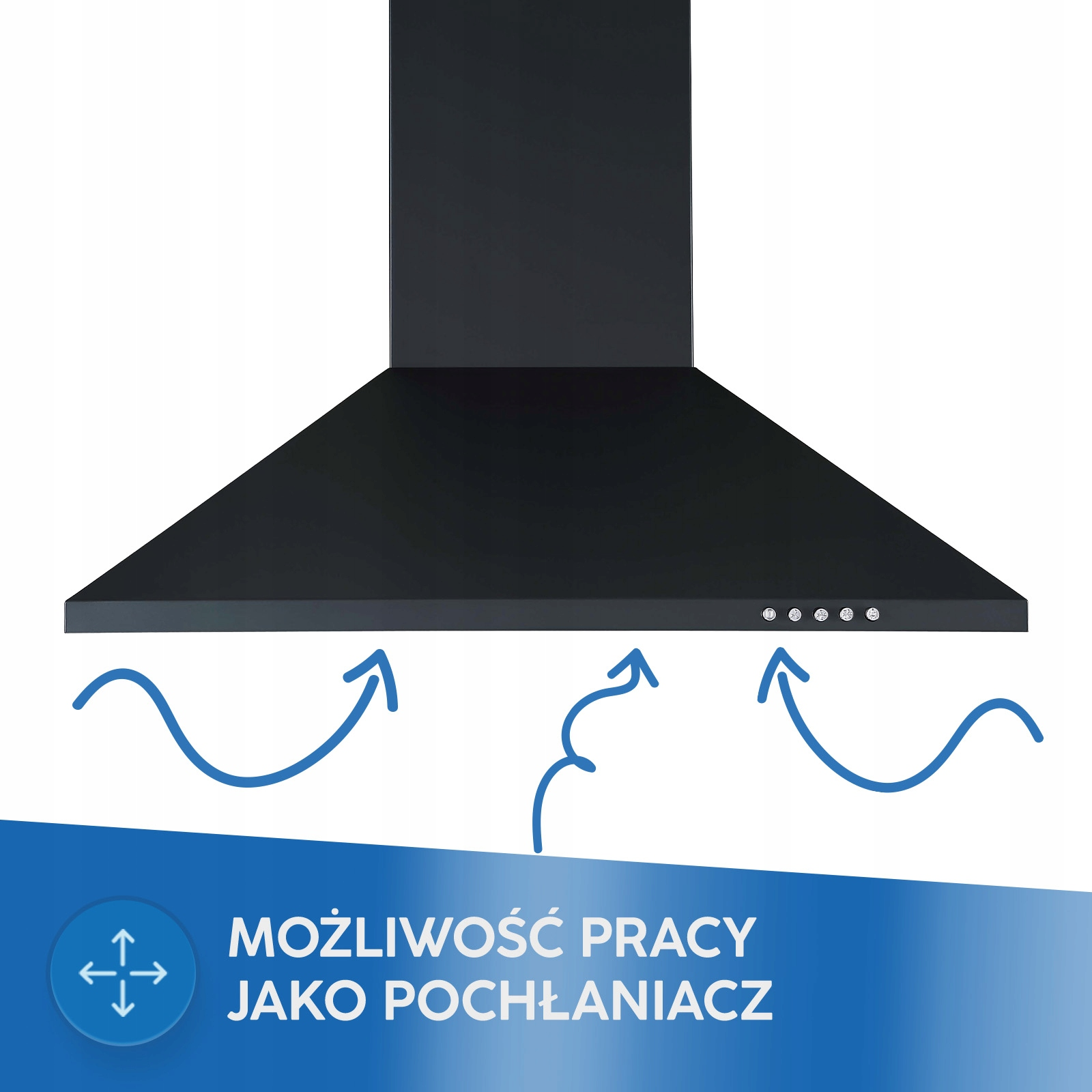 Czarny okap kuchenny z niebieskimi strzałkami przepływu powietrza i polskim tekstem.