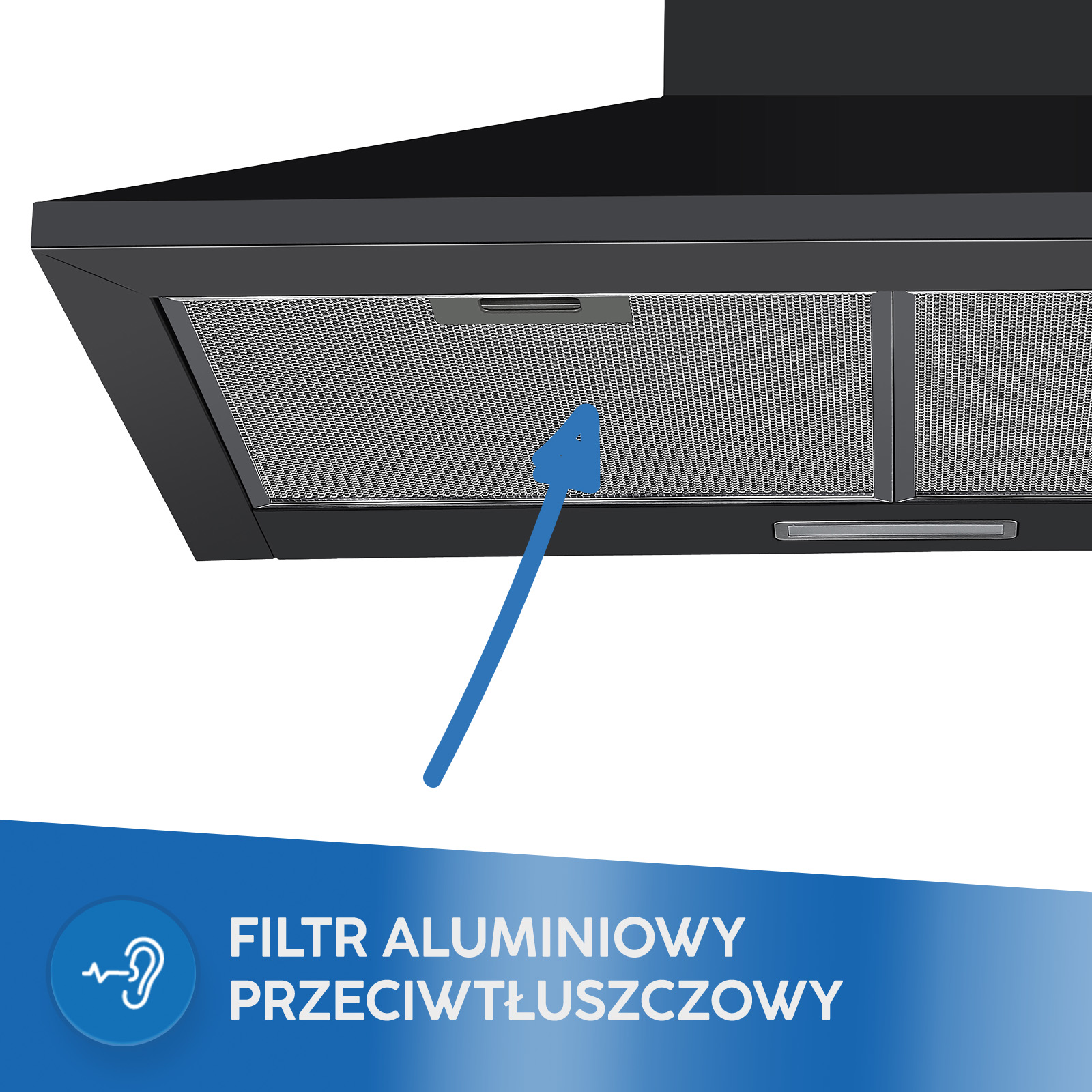 Spód czarnego okapu z szarym aluminiowym filtrem przeciwtłuszczowym i niebieską strzałką.