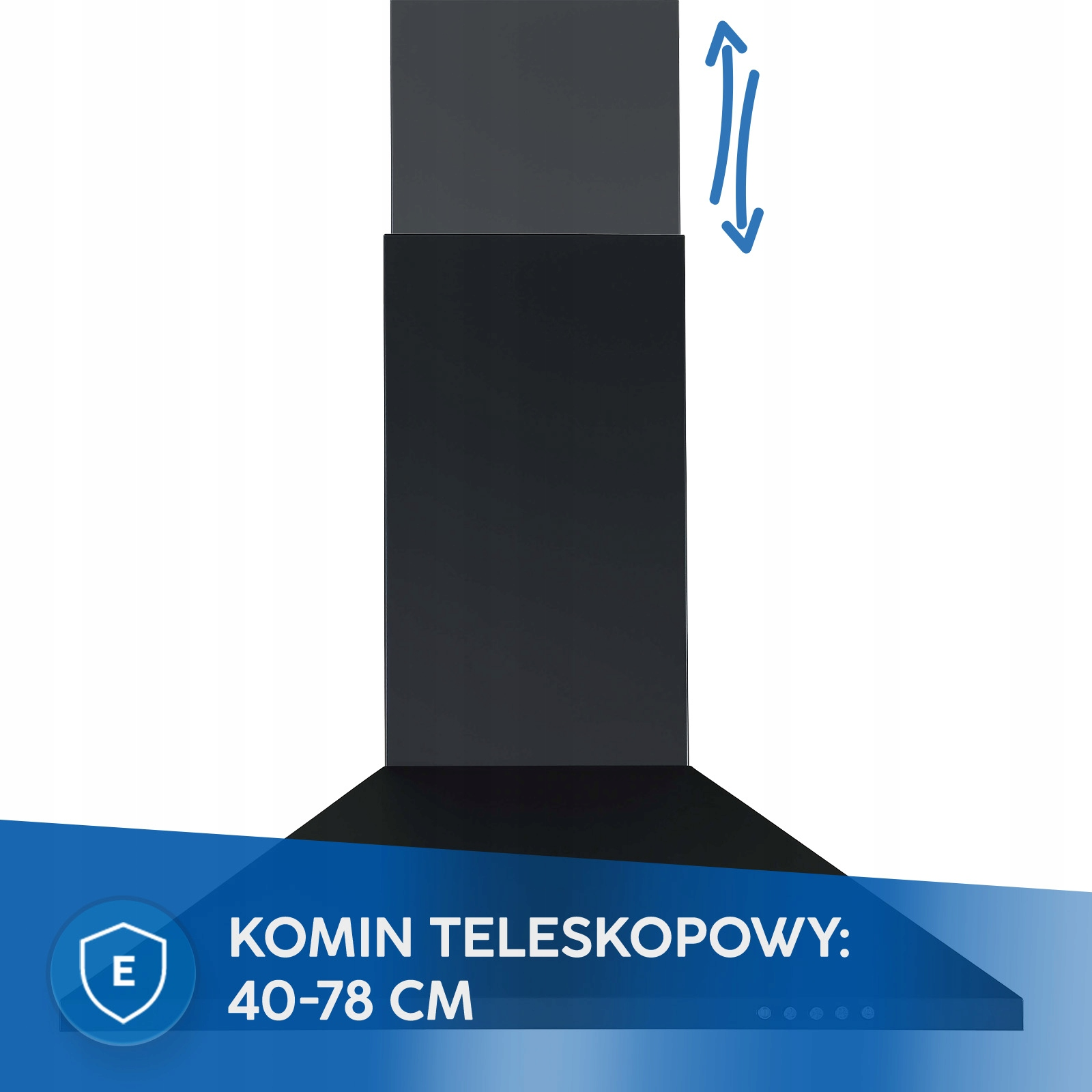 Teleskopowy komin okapu kuchennego, regulowany w zakresie 40-78 cm.