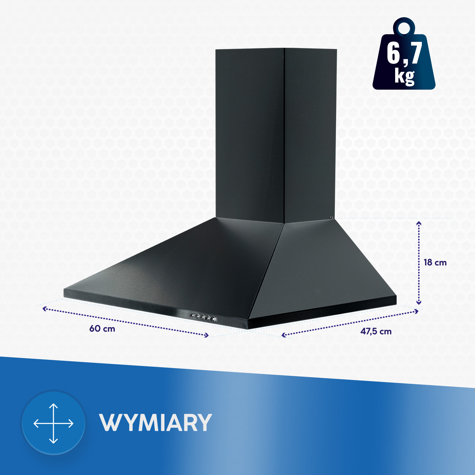 Czarny okap kuchenny o wymiarach: szerokość 60 cm, głębokość 47,5 cm, wysokość 18 cm i wadze 6,7 kg.