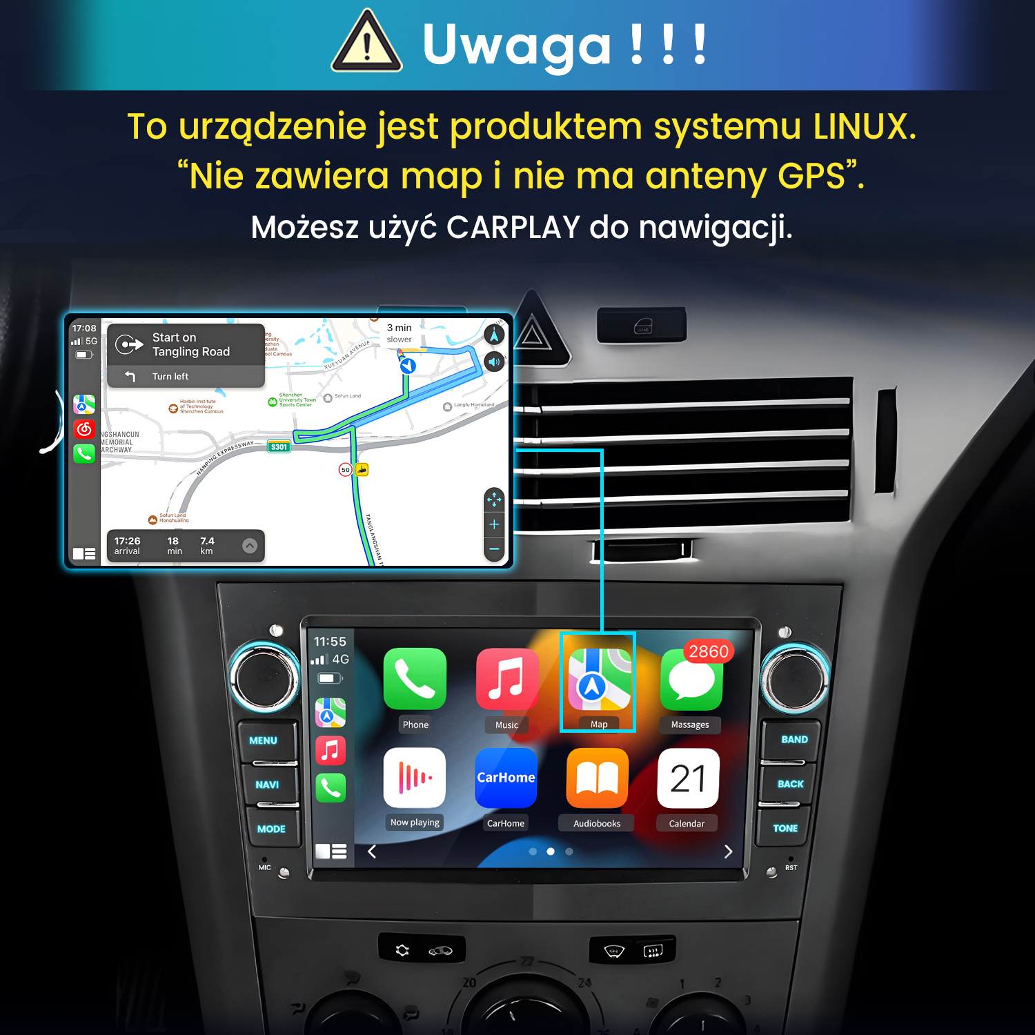 Deska rozdzielcza samochodu z cyfrowym ekranem multimedialnym i Apple CarPlay.