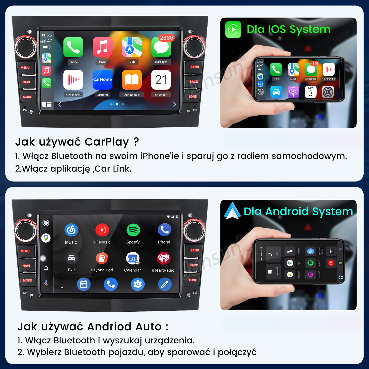 System audio samochodowego prezentujący łączność Apple CarPlay i Android Auto ze smartfonami.