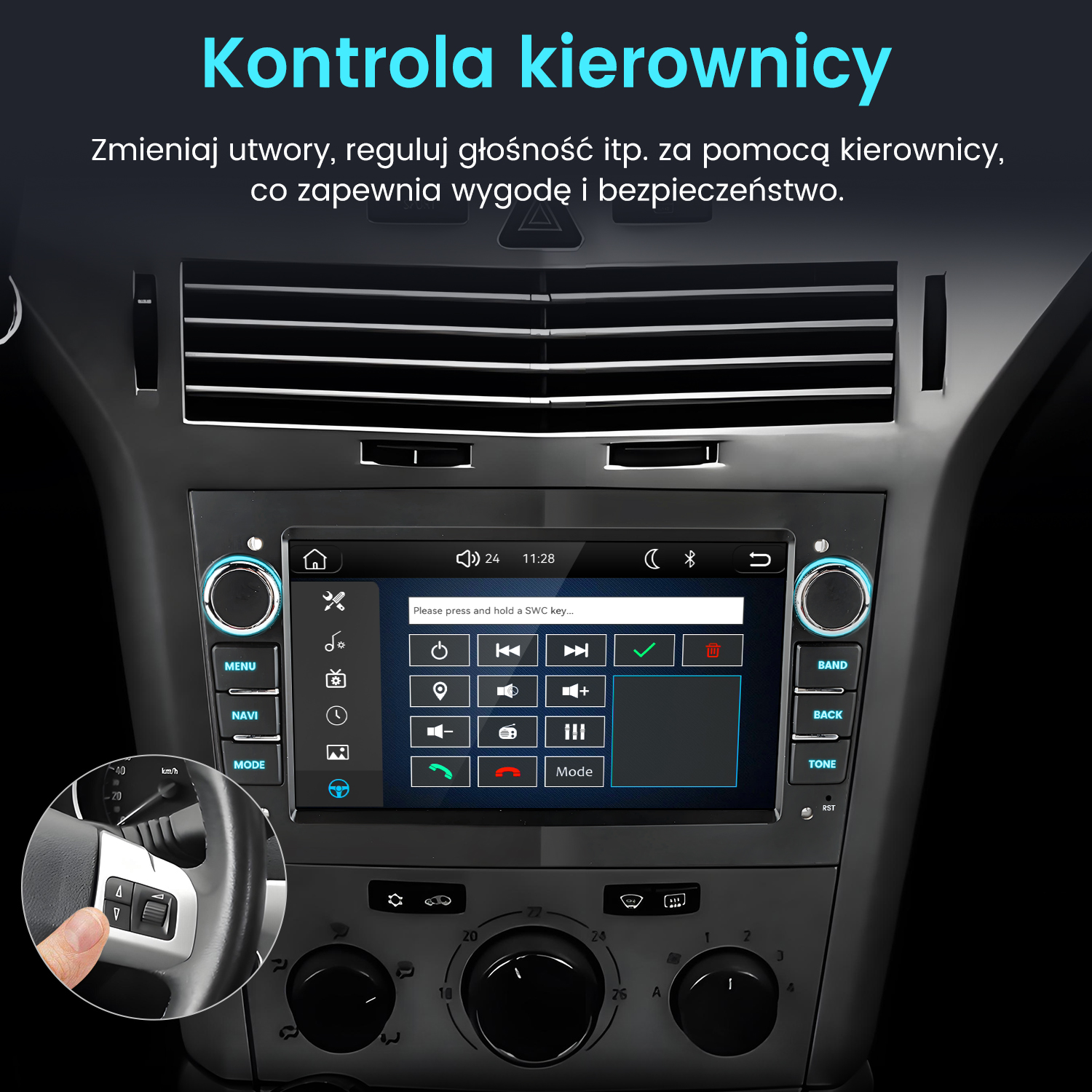 Wnętrze samochodu z centralnym ekranem dotykowym i sterowaniem z kierownicy.