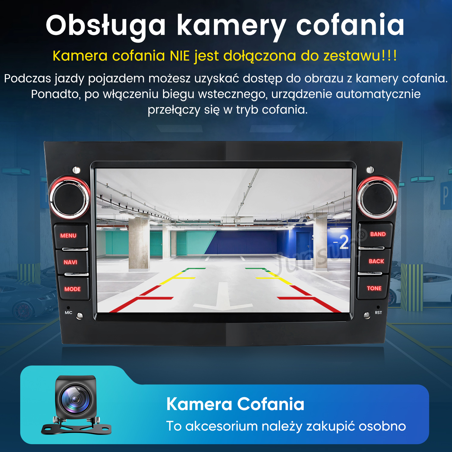 Radio samochodowe pokazuje obraz z kamery cofania na parkingu z liniami pomocniczymi.