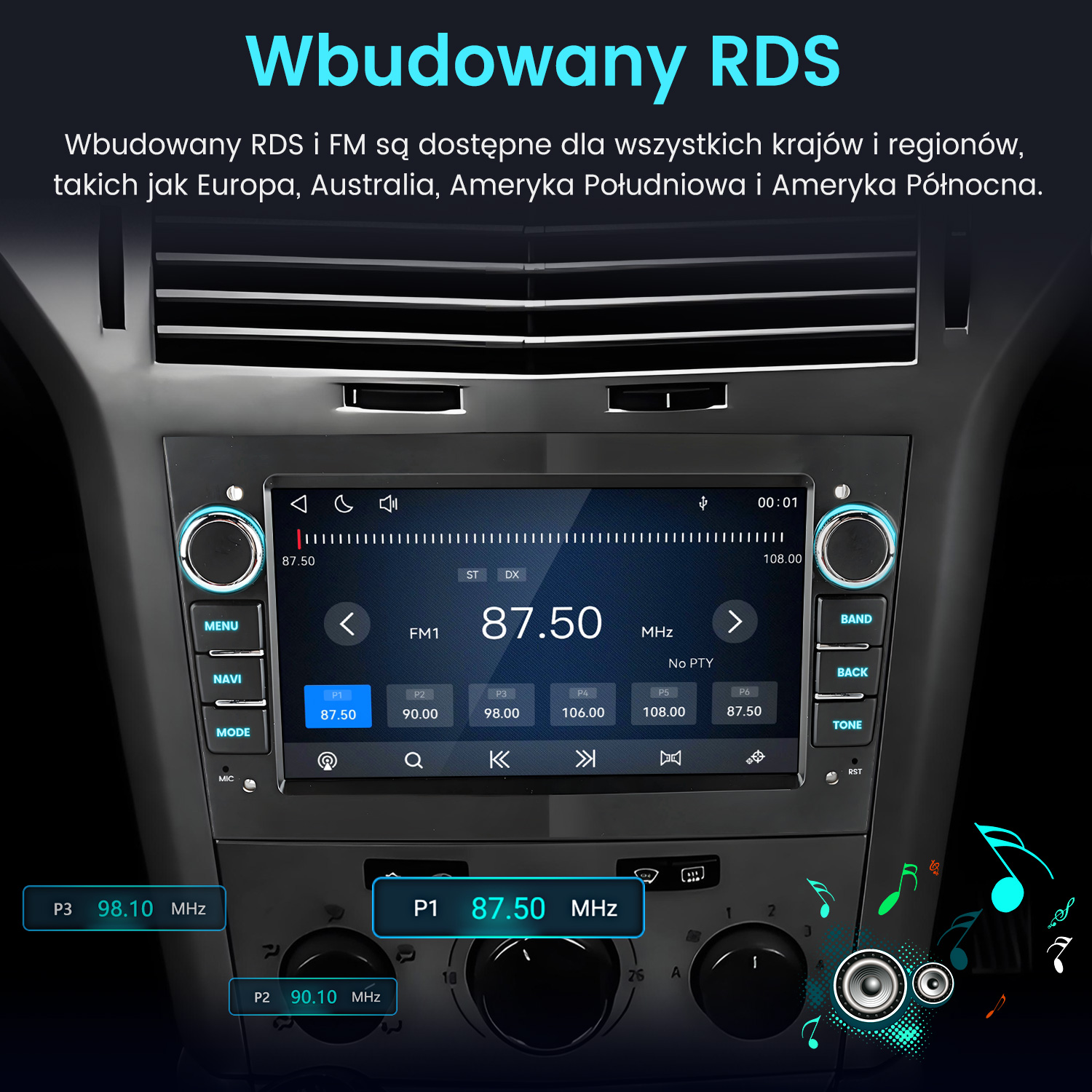 Radio samochodowe z dotykowym ekranem na desce rozdzielczej i nutami.