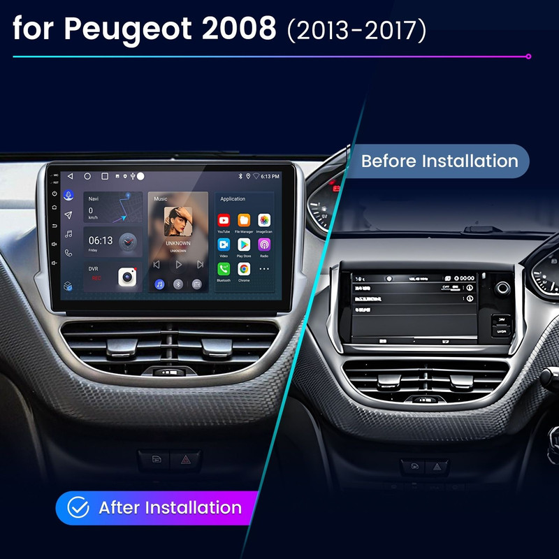 Vergleich der Autokonsole vor und nach der Installation eines neuen Touchscreen-Displays für den Peugeot 2008.