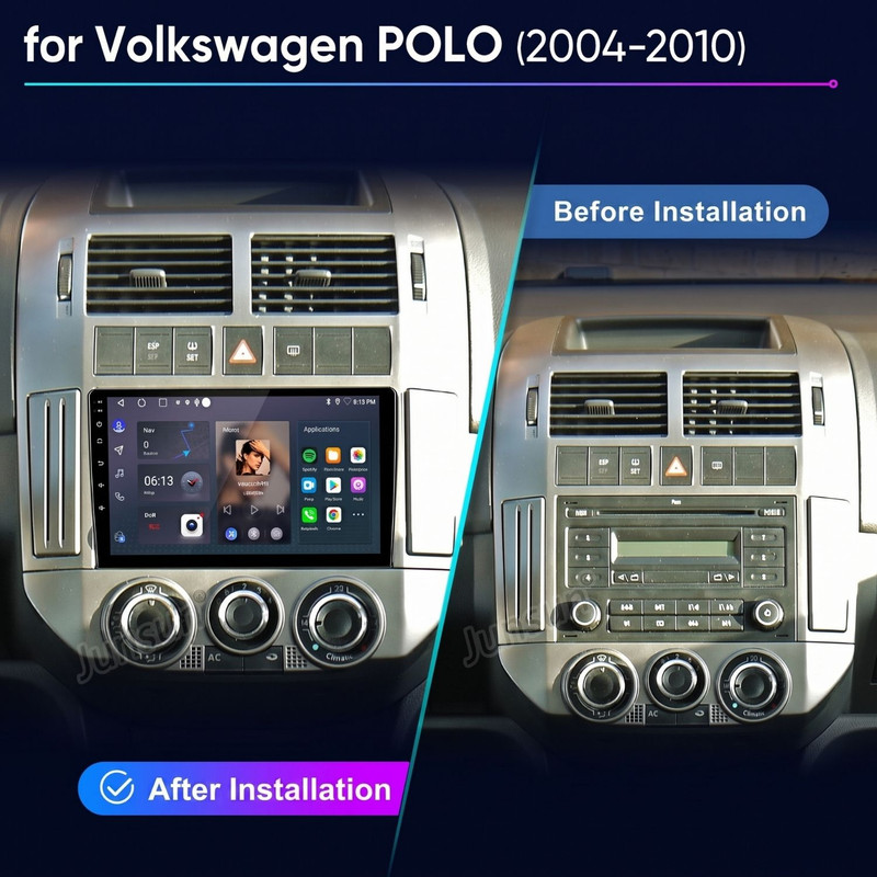 Vergleich der VW Polo Mittelkonsole vor und nach dem Einbau eines modernen Touchscreen-Autoradios.