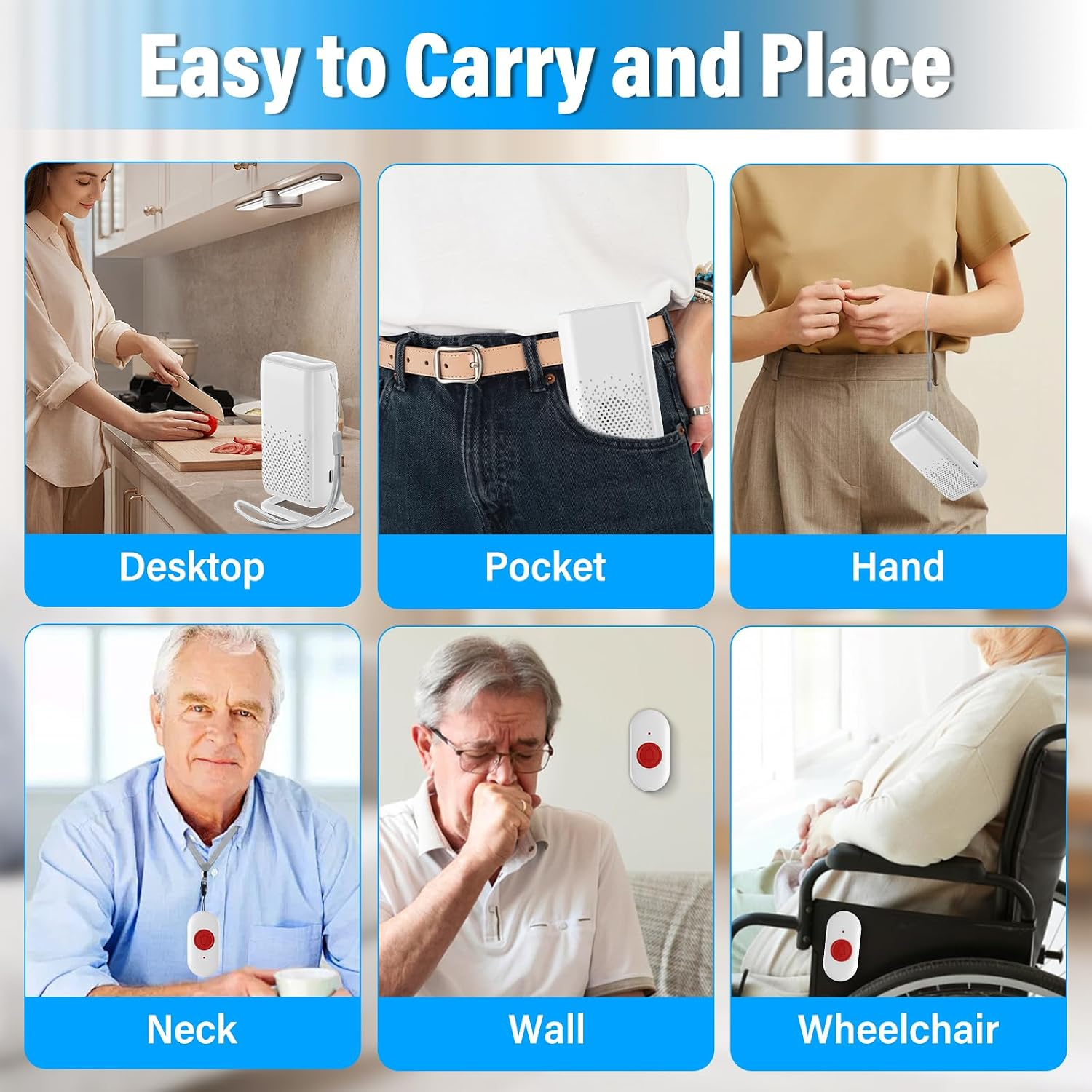 Sechs Bilder zeigen Möglichkeiten zum Tragen und Platzieren eines Geräts: Desktop, Tasche, Hand, Hals, Wand und Rollstuhl.