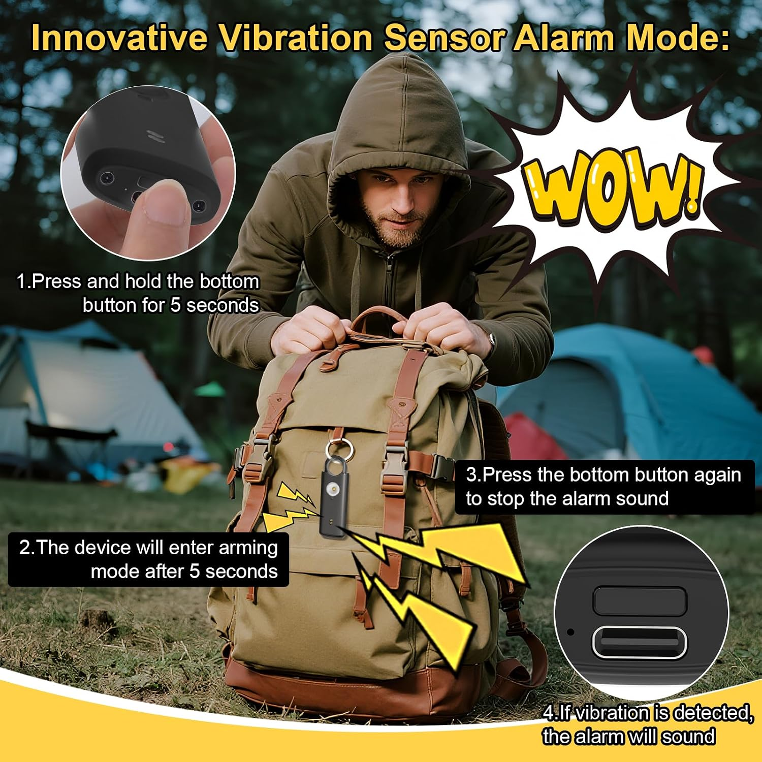 Ein Mann im Kapuzenpulli demonstriert eine Vibrationsalarm-Einrichtung an einem Rucksack im Wald.