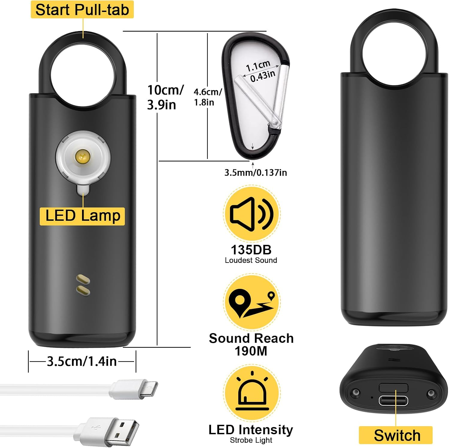 Schwarzer persönlicher Sicherheitsalarm mit LED-Lampe, Karabiner, Maßen und USB-Ladekabel.