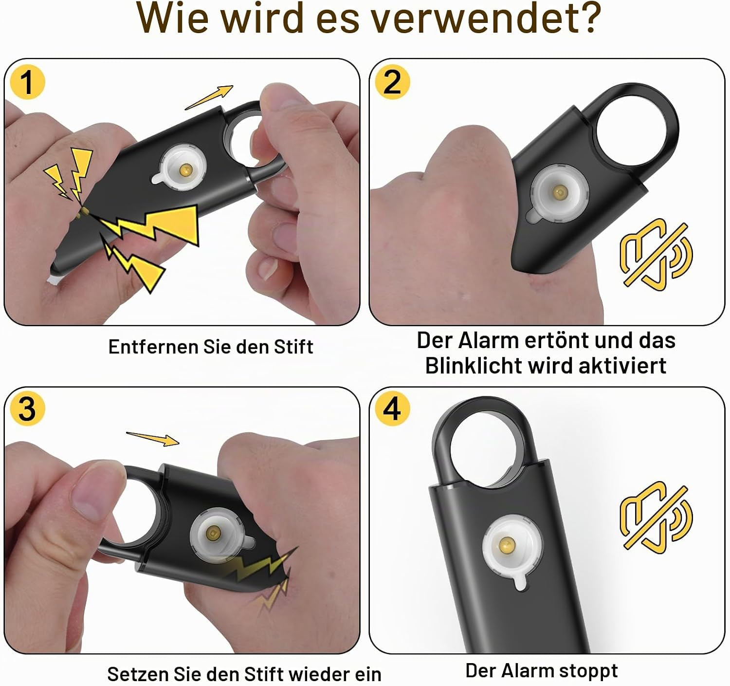 Vier schritte zeigen die bedienung eines schwarzen personalalarms mit stift und blinklicht.
