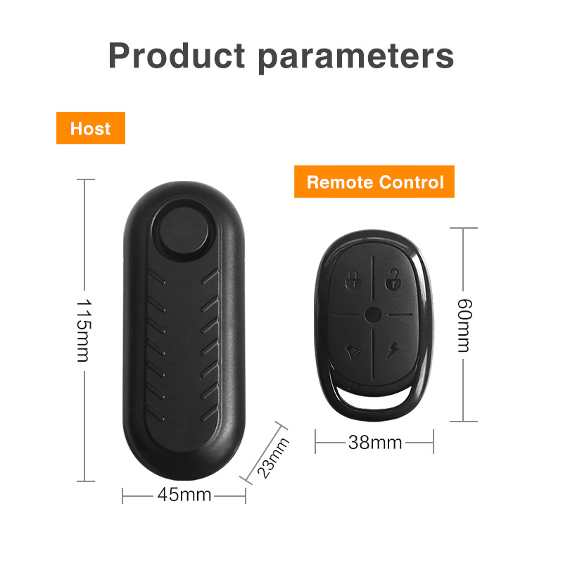 Produktparameterdiagramm mit einem schwarzen Hauptgerät (115x45x23mm) und einer Fernbedienung (60x38mm).