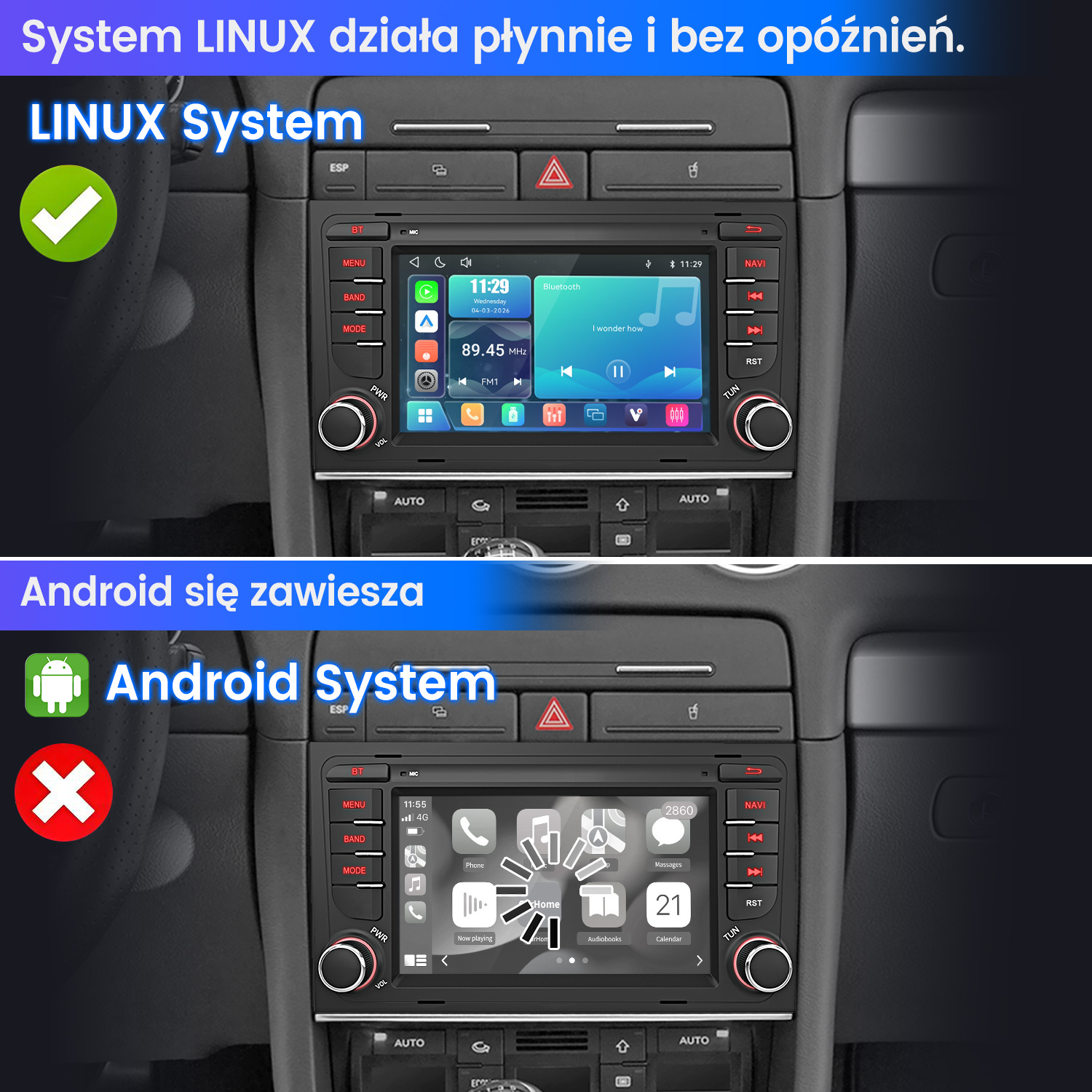 Porównanie pokazujące płynny interfejs radia Linux nad zamrożonym interfejsem Androida.