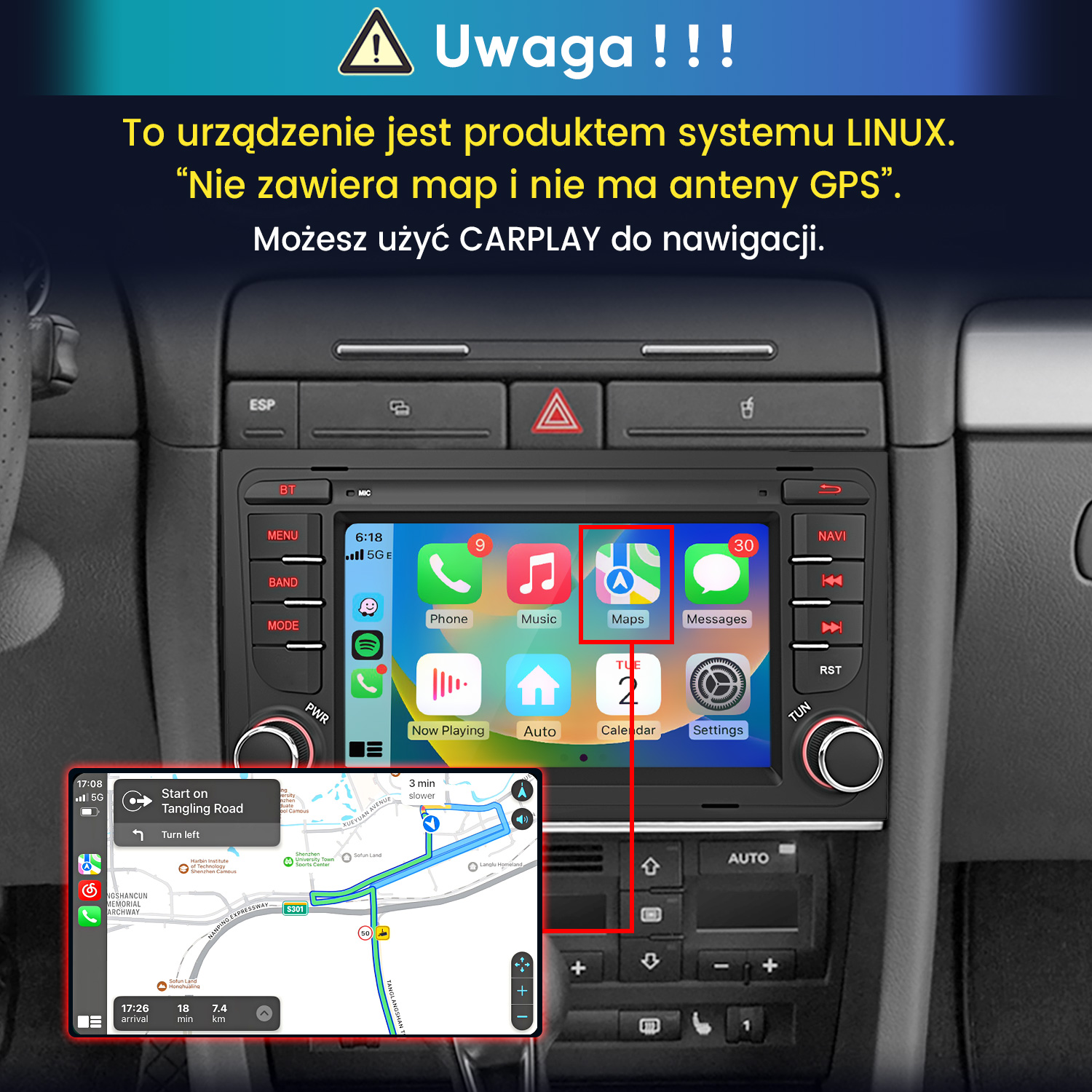 Radio samochodowe z systemem Linux, nawigacją CarPlay i ikonami aplikacji.
