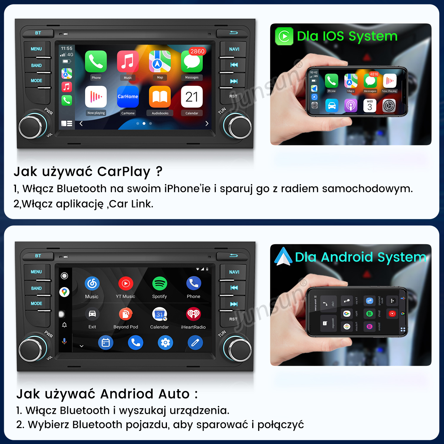 Radio samochodowe i telefon z instrukcjami integracji CarPlay i Android Auto.