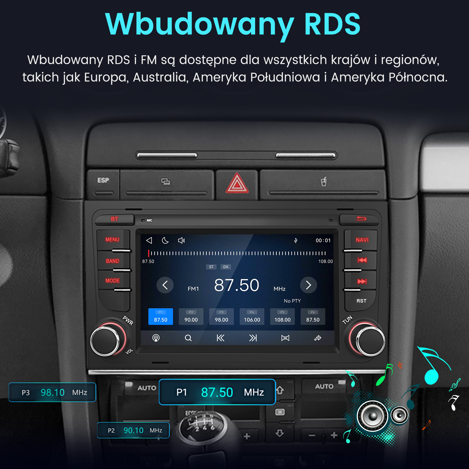 Wyświetlacz dotykowy radia samochodowego z przyciskami i interfejsem RDS FM.