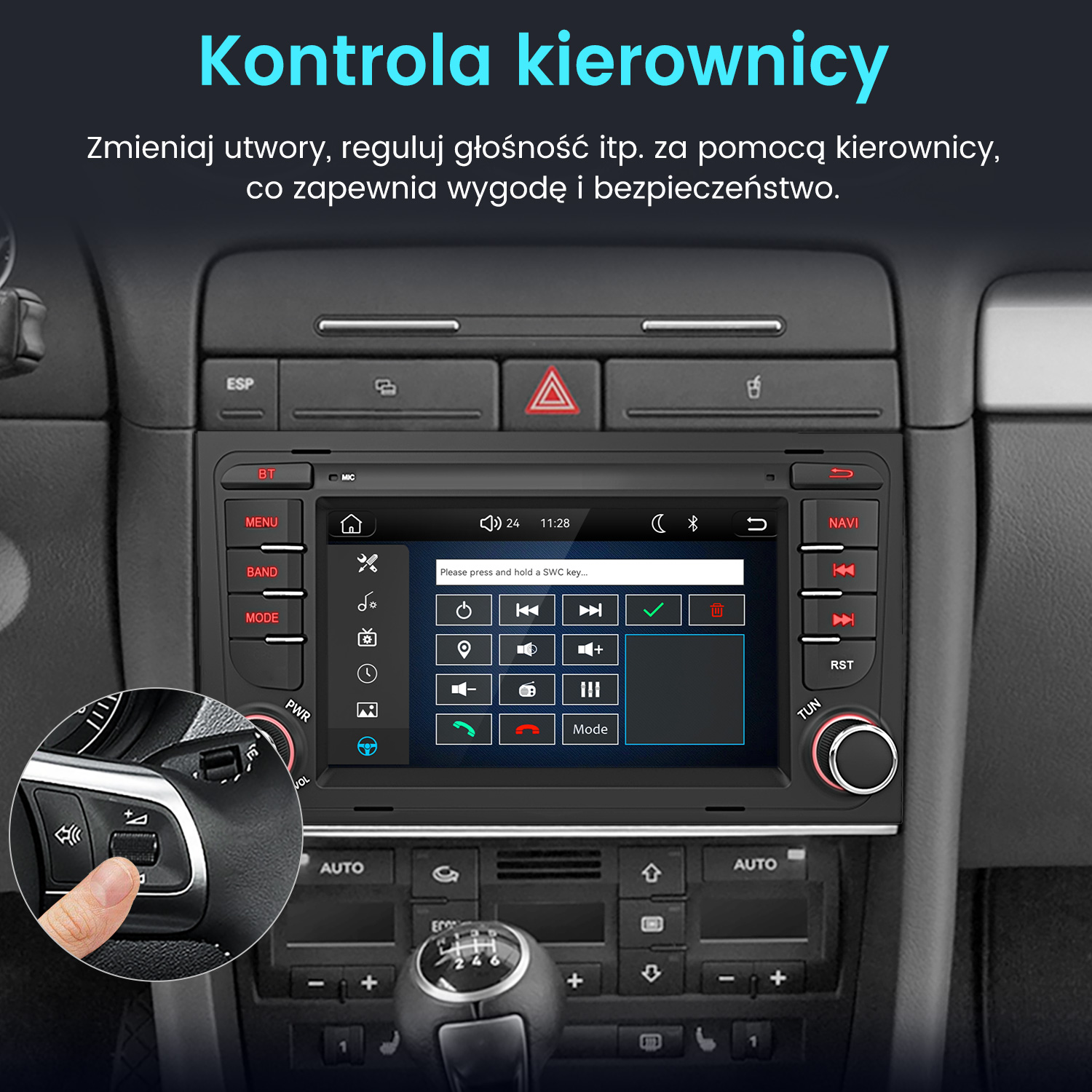 Deska rozdzielcza auta z ekranem dotykowym i sterowaniem na kierownicy.