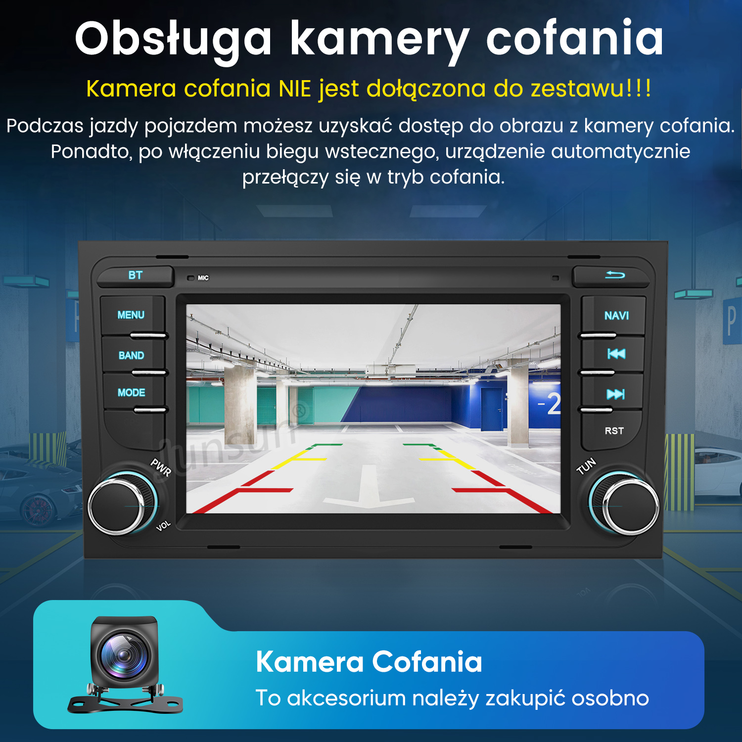 Ekran radia samochodowego z widokiem z kamery cofania na parking podziemny z liniami.