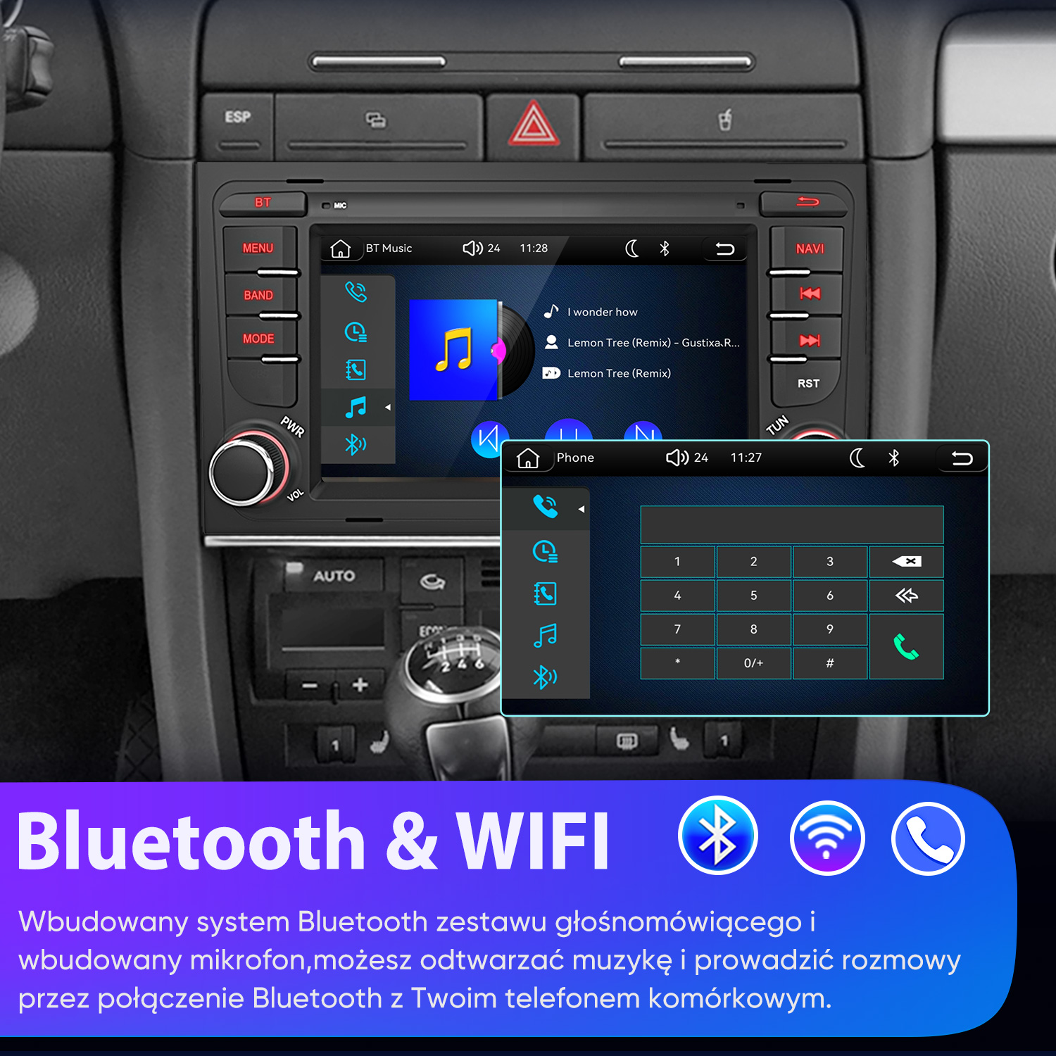 Radio samochodowe z ekranem dotykowym, funkcjami Bluetooth i Wi-Fi oraz fizycznymi przyciskami.
