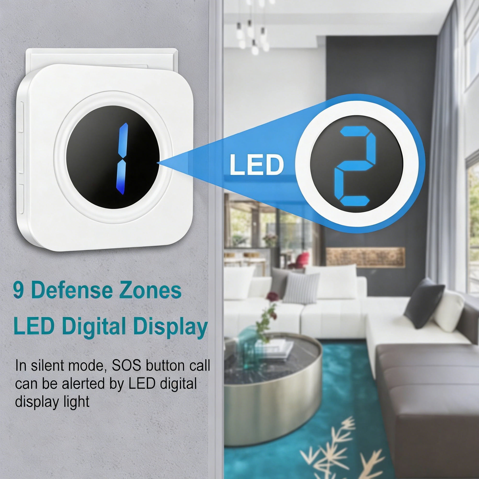 Weißes LED-Alarmgerät an der Wand mit digitaler Anzeige, die die Zahl 1 und vergrößert 2 zeigt.