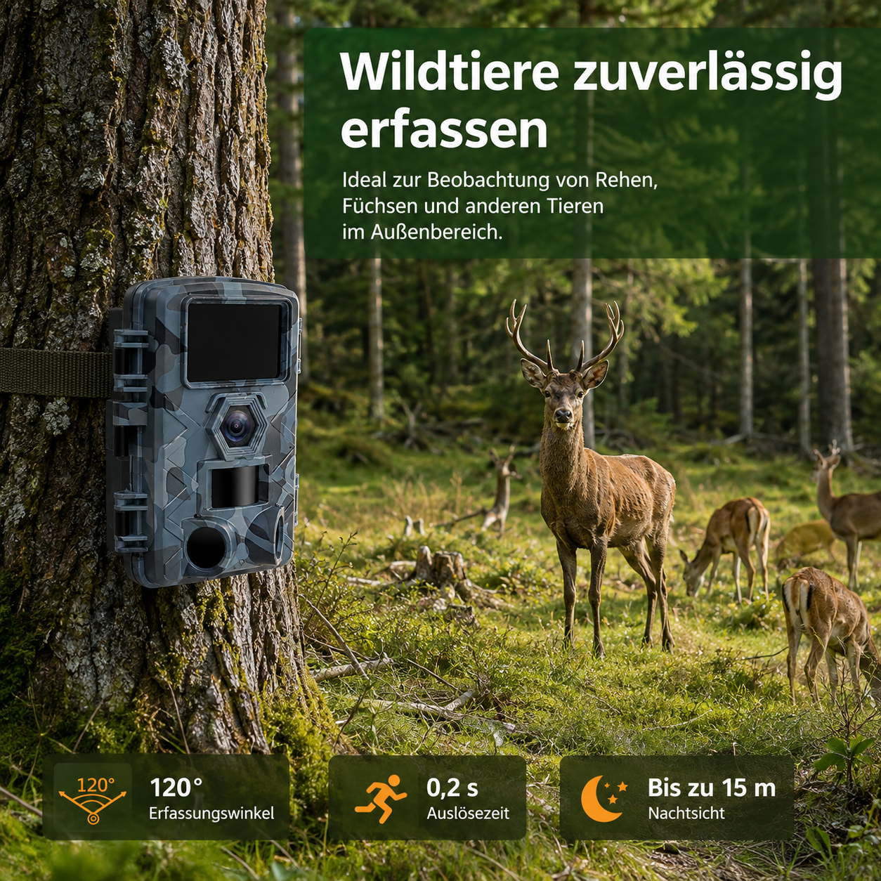 Eine Wildkamera ist an einem Baum im Wald befestigt, im Hintergrund stehen Rehe auf einer Lichtung.