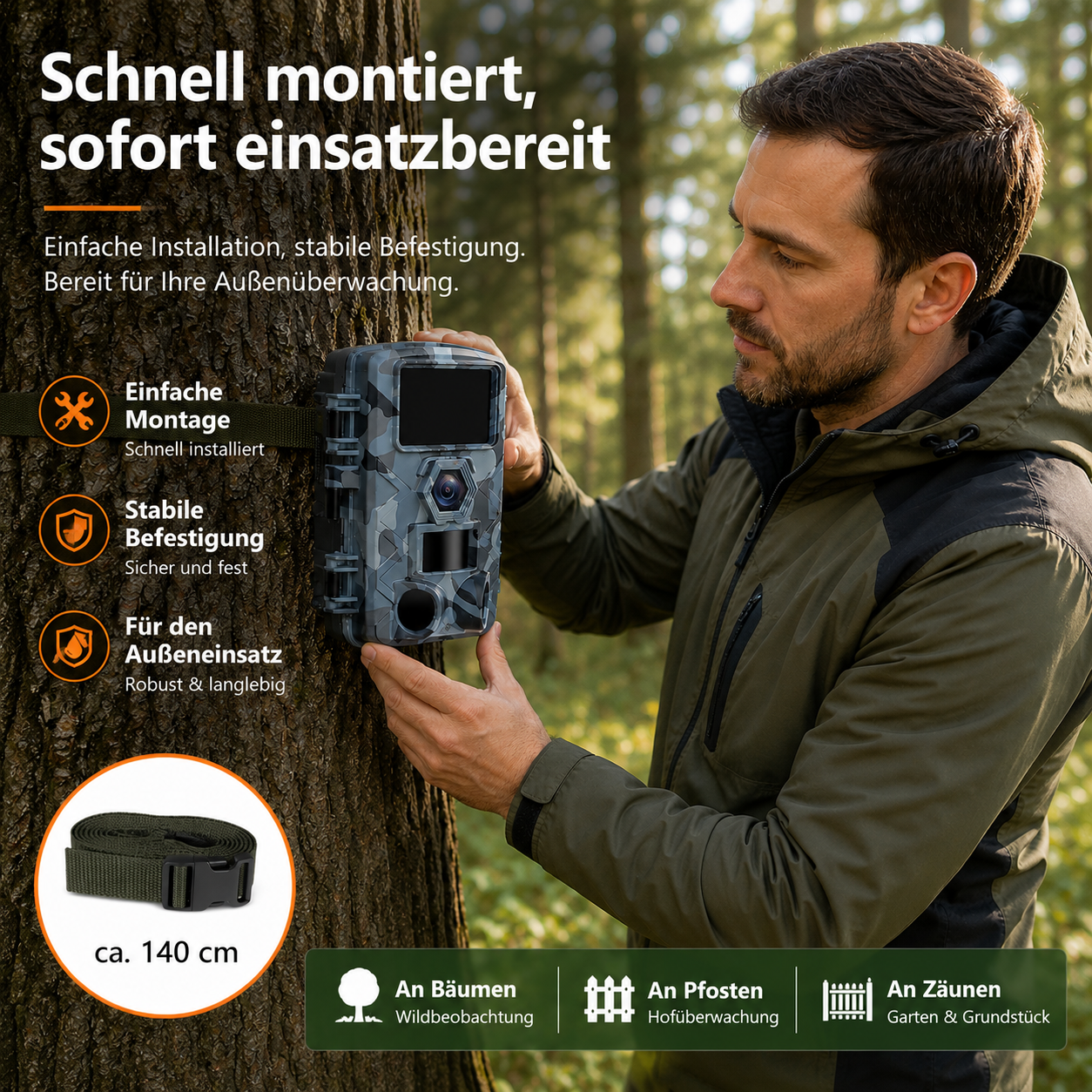Ein Mann montiert eine Tarn-Wildkamera an einem Baum im Wald, mit Text und Symbolen im Bild.