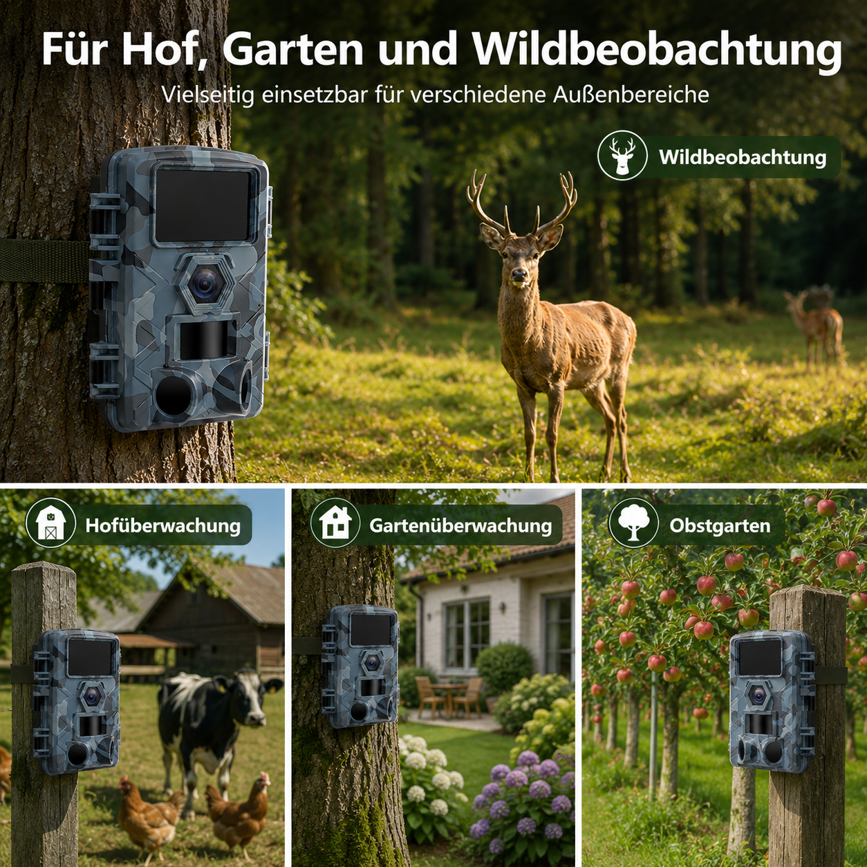 Eine Tarnkamera an einem Baum im Wald, mit kleineren Bildern von Bauernhof, Garten und Obstgarten.