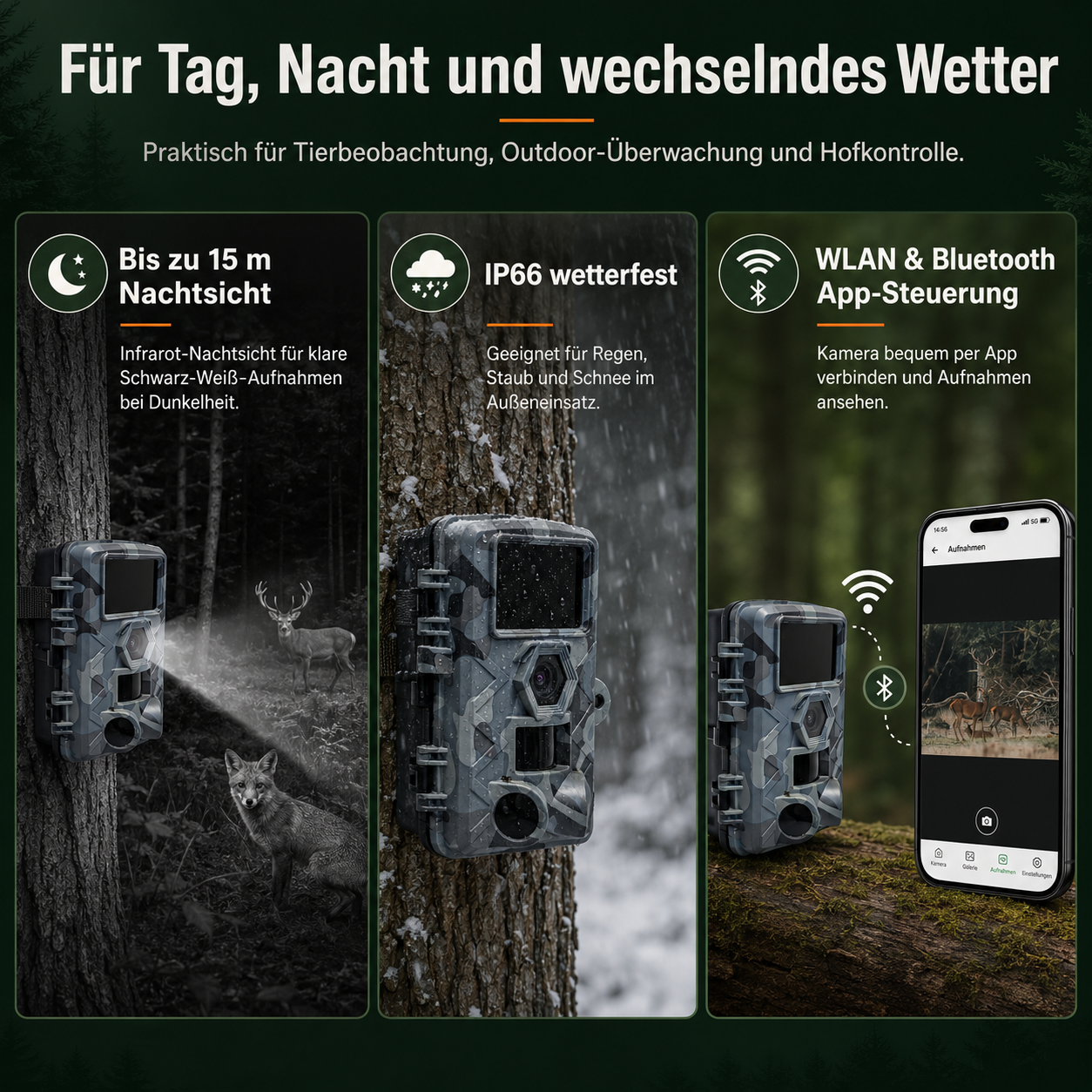 Wildkamera mit Nachtsicht, IP66-Wetterfestigkeit und WLAN-App-Steuerung für den Außeneinsatz.