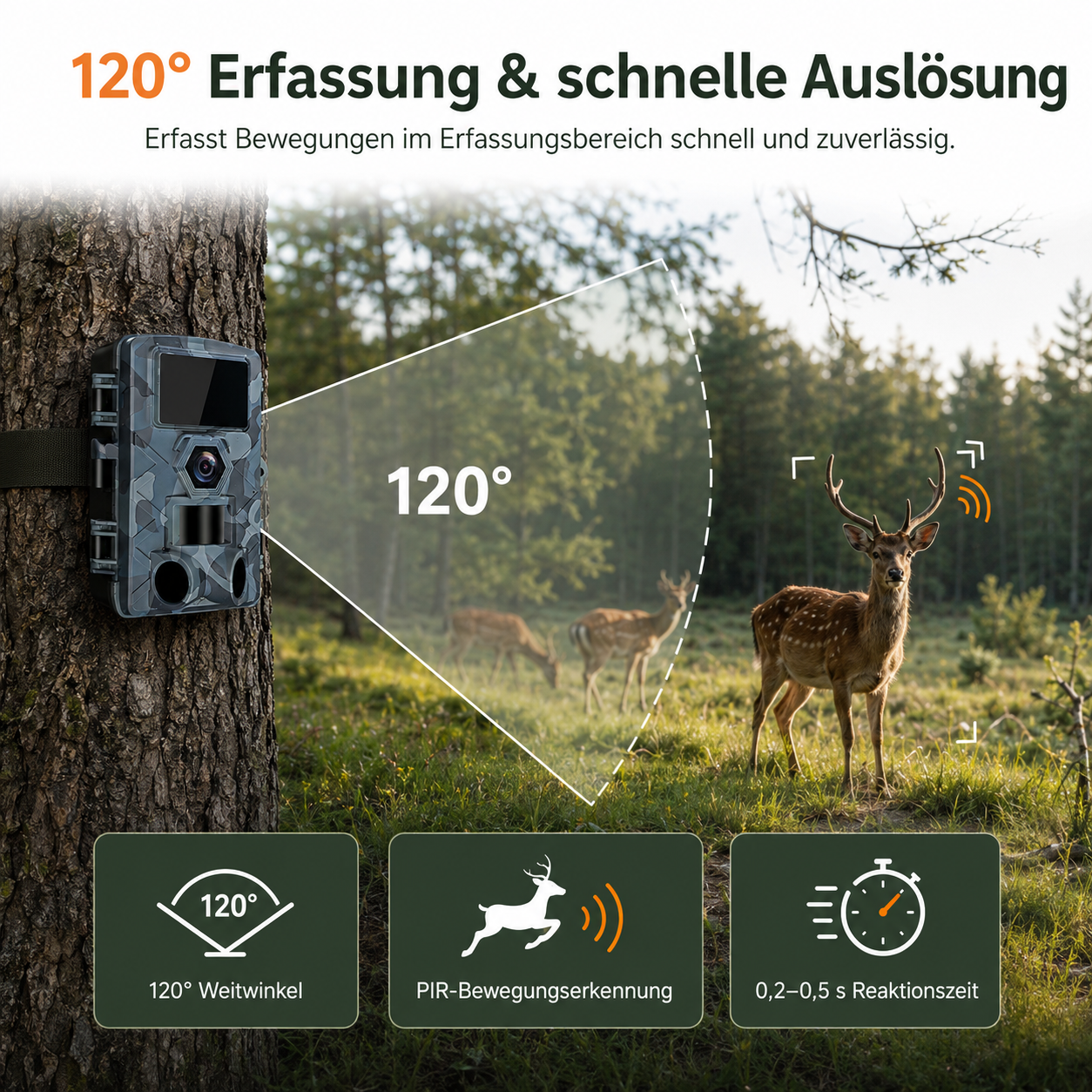 Wildkamera an einem Baum im Wald mit einem 120-Grad-Erfassungsbereich, der Rehe auf einer Wiese zeigt.