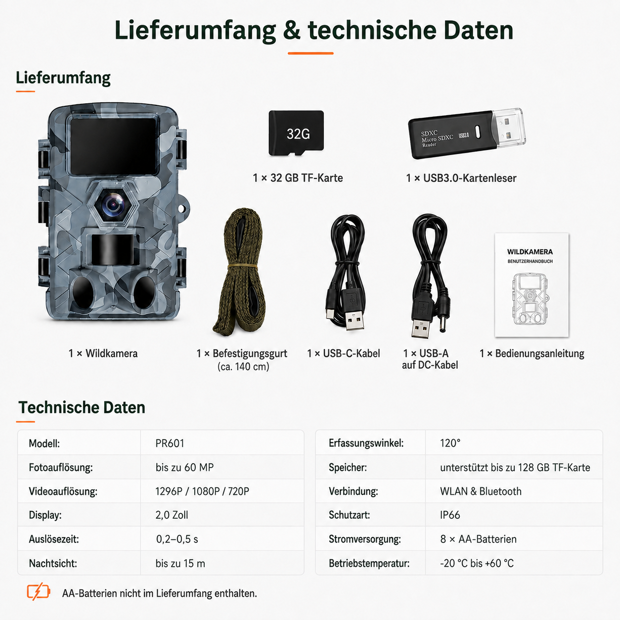 Lieferumfang und technische Daten einer Wildkamera PR601 mit Zubehör wie TF-Karte, Kabeln und Anleitung.