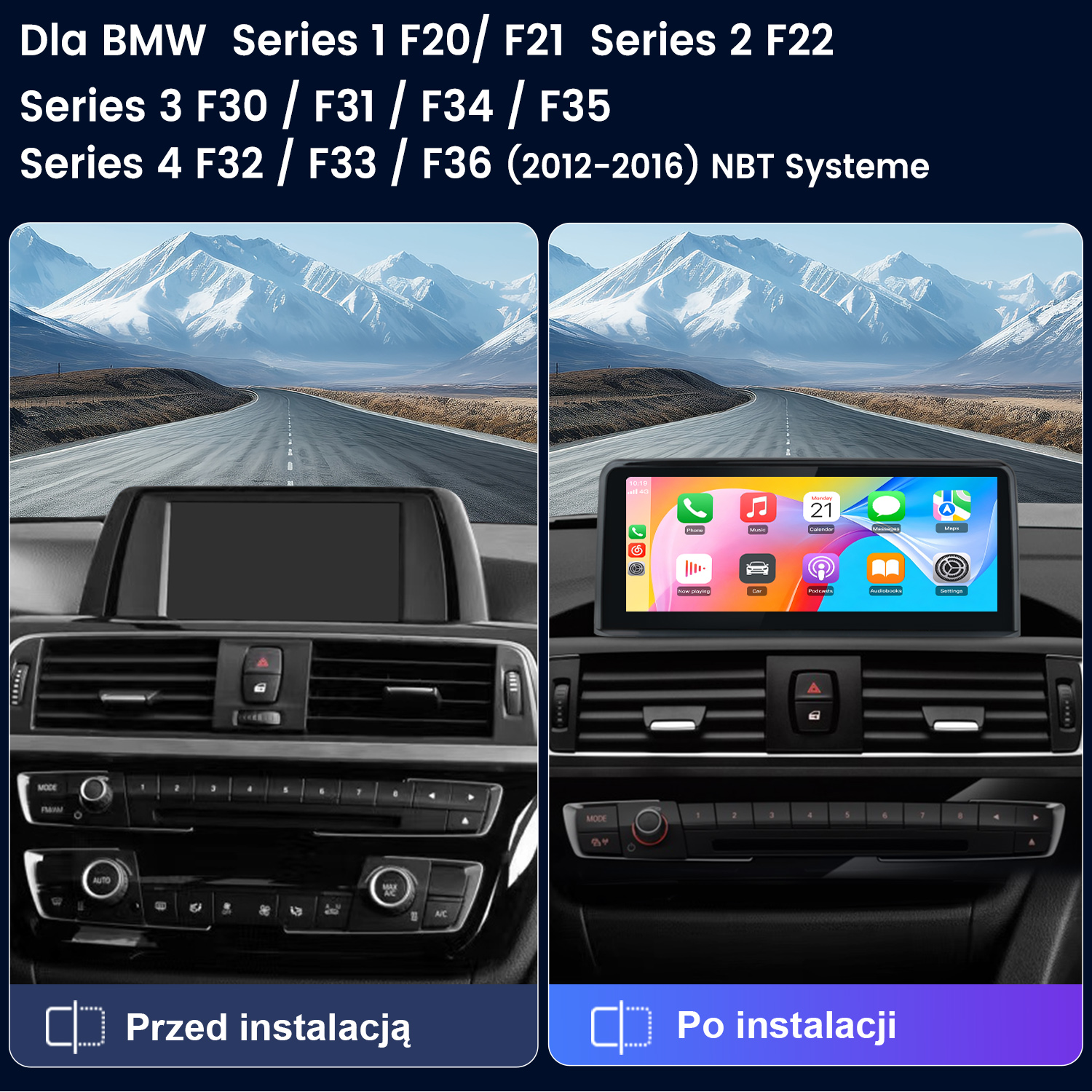 Porównanie przed i po instalacji nowego ekranu w desce rozdzielczej BMW.