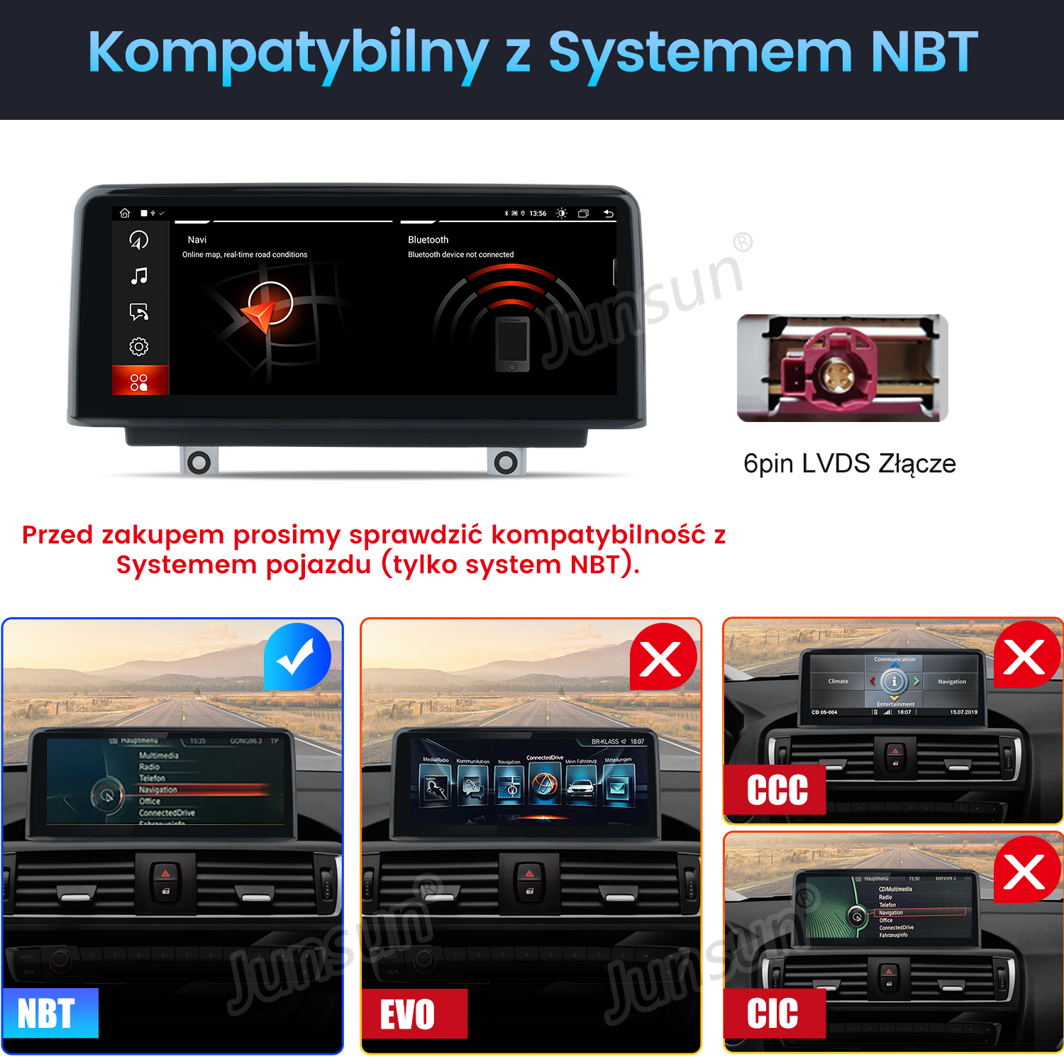 Wyświetlacz samochodowy kompatybilny z NBT, szczegóły złącza oraz porównanie systemów NBT, EVO, CCC i CIC.