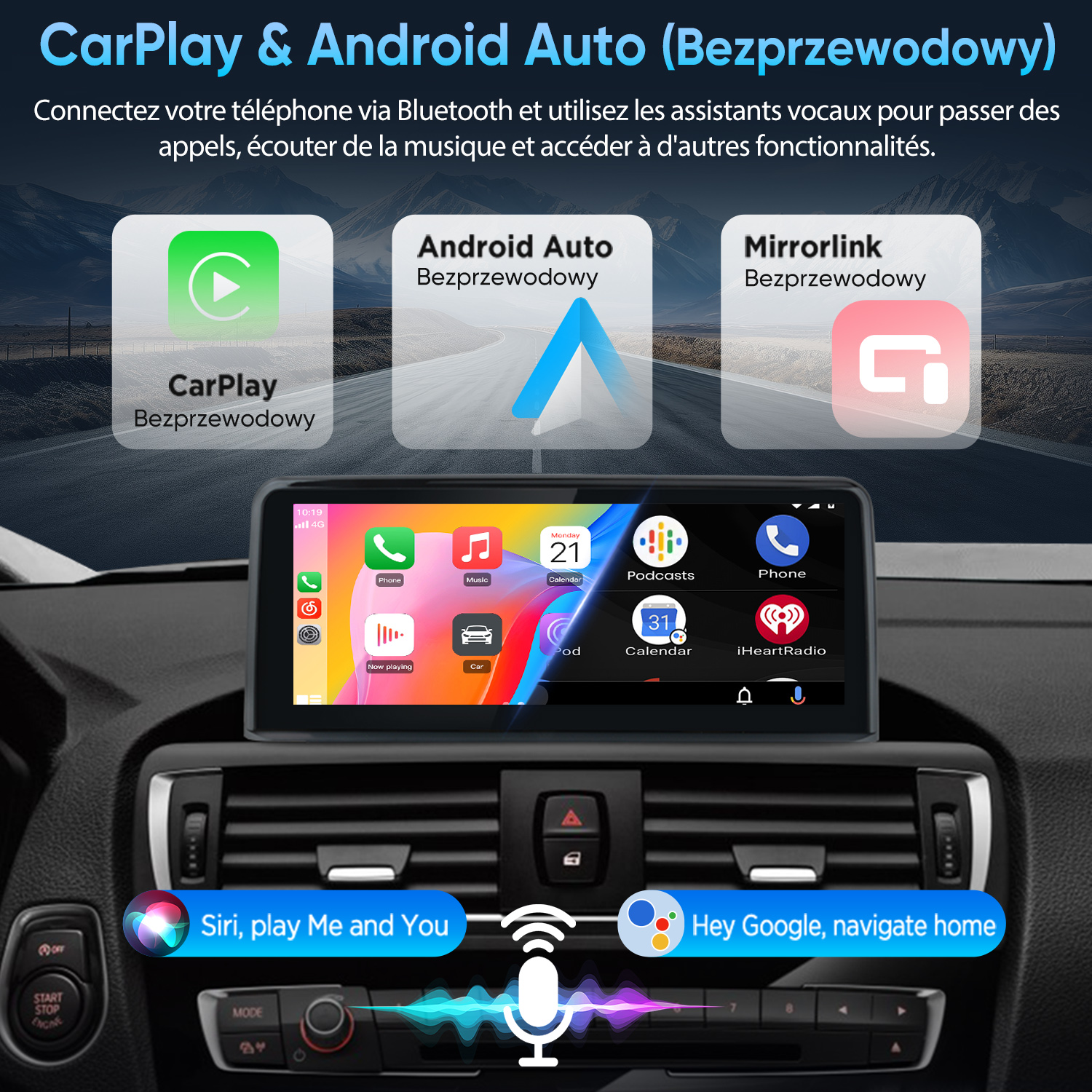 Ekran samochodowy z ikonami CarPlay i Android Auto oraz opcjami sterowania głosem.