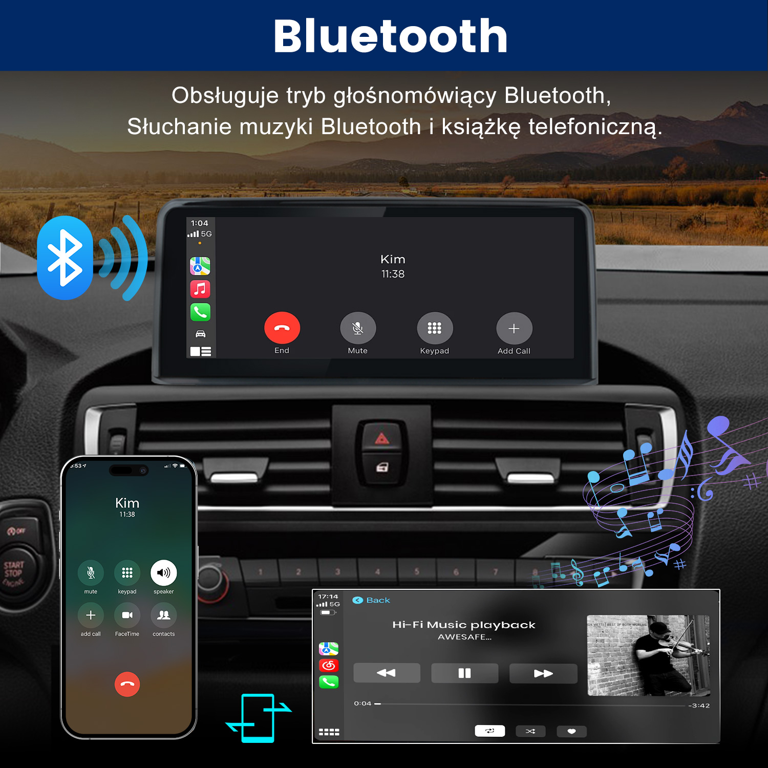 Wyświetlacz samochodowy i smartfon pokazujące połączenia i odtwarzanie muzyki Bluetooth.