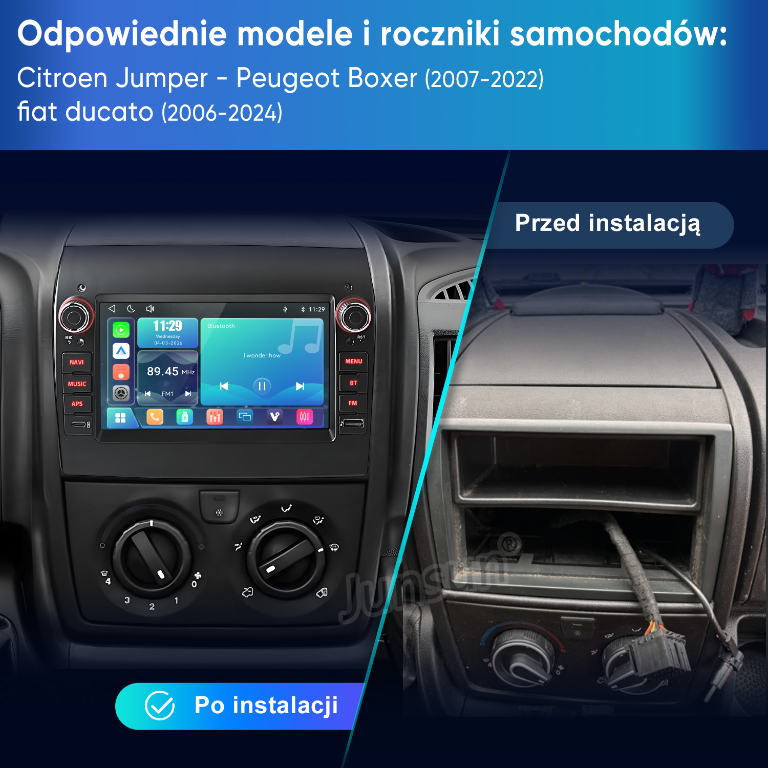 Porównanie konsoli samochodu przed i po instalacji nowego radia.