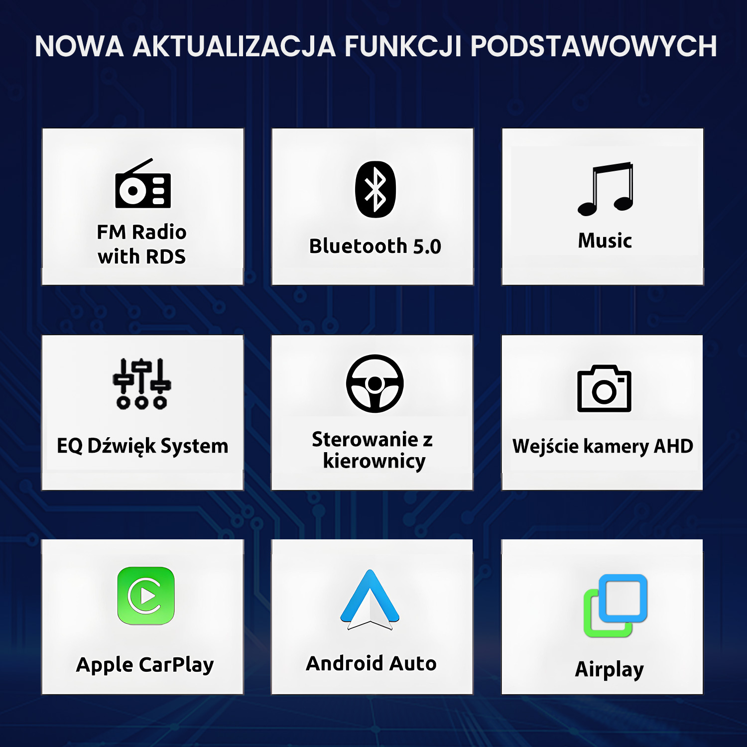 Siatka dziewięciu ikon przedstawiających funkcje radia samochodowego, takie jak radio FM, Bluetooth, muzyka i Apple CarPlay.