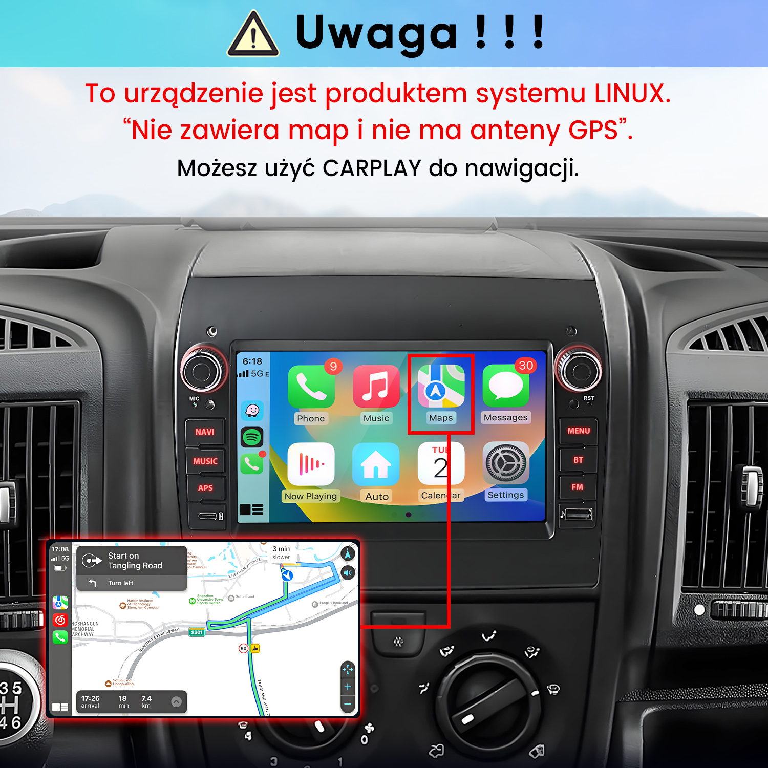 Radio samochodowe z systemem Linux, CarPlay, wbudowaną mapą i ostrzeżeniem w języku polskim.