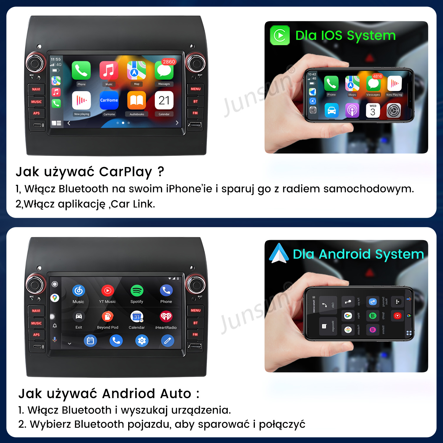 Instrukcja korzystania z CarPlay i Android Auto na radiu samochodowym.