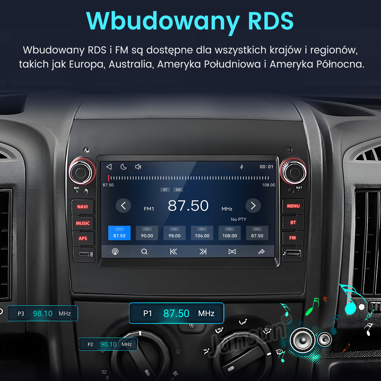 Radio samochodowe z ekranem dotykowym i funkcją RDS w desce rozdzielczej.