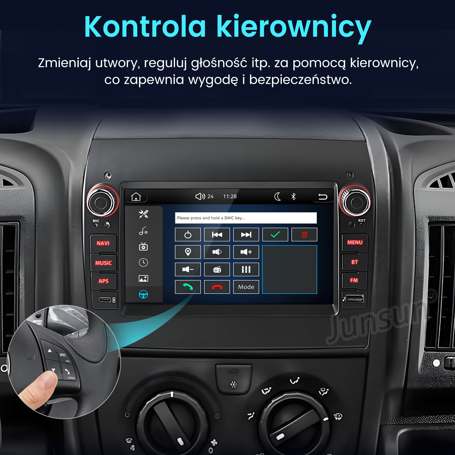 Ekran audio samochodowego na desce rozdzielczej ze sterowaniem z kierownicy.