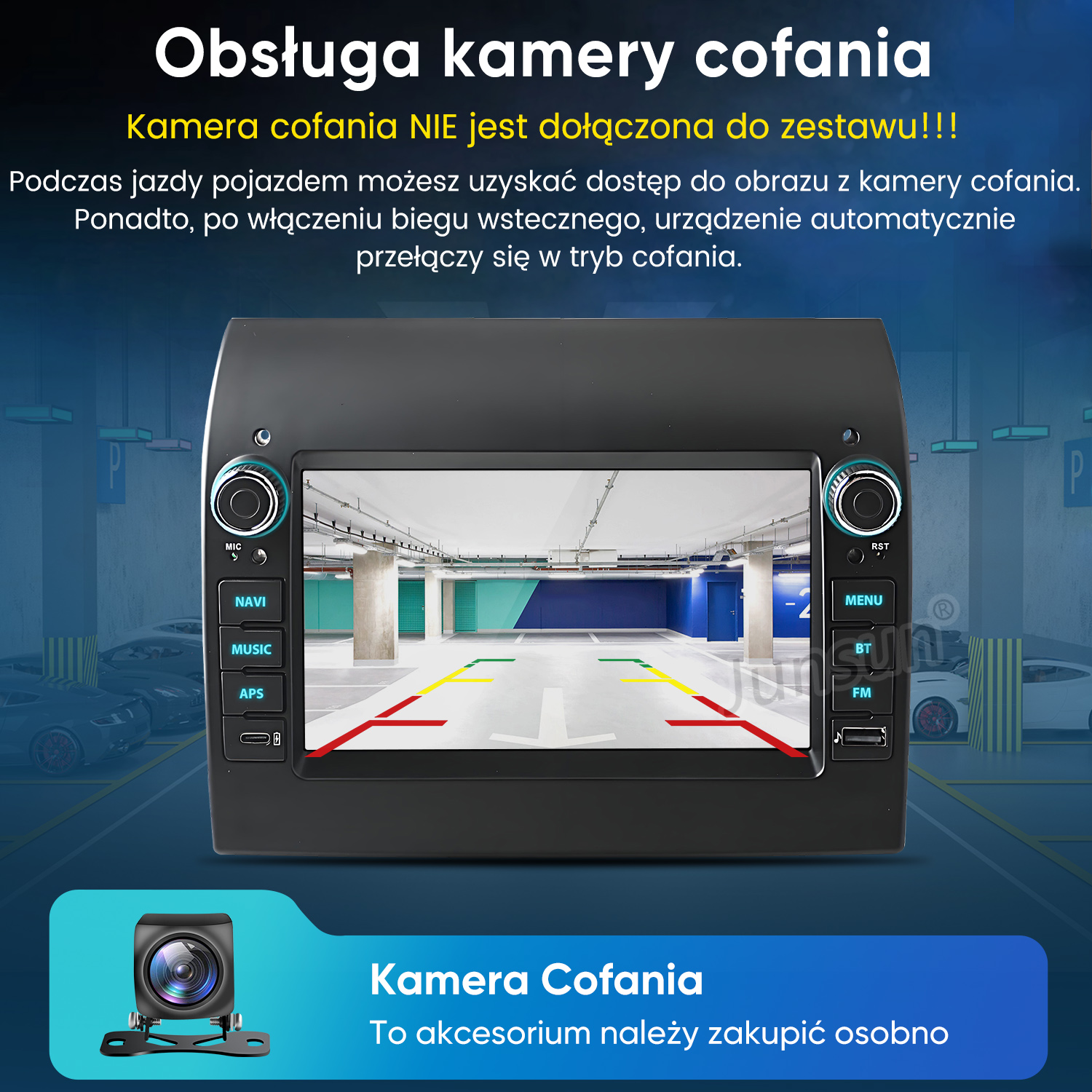 Radio samochodowe z ekranem pokazującym obraz z kamery cofania na parkingu.